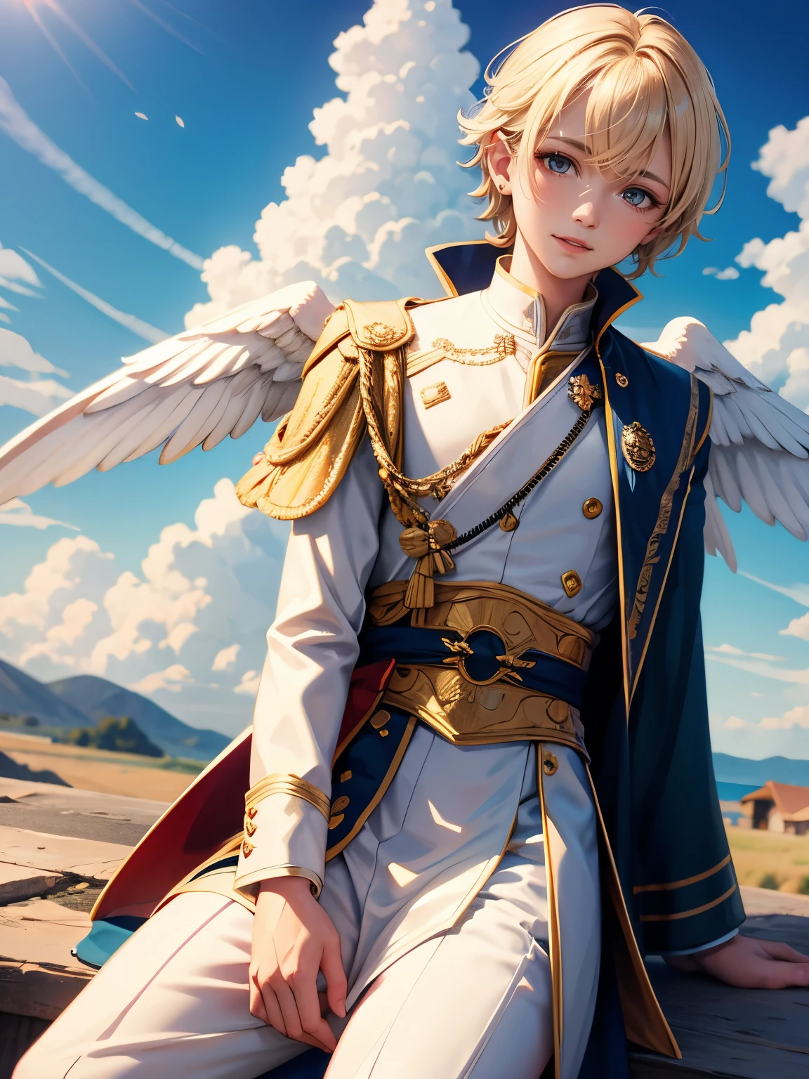 A Chibi boy, cute character , Boy gender male, blonde with blue eyes, with white wings on its back, dressed in prince's clothes, medieval clothes , fancy, sitting on a cloud