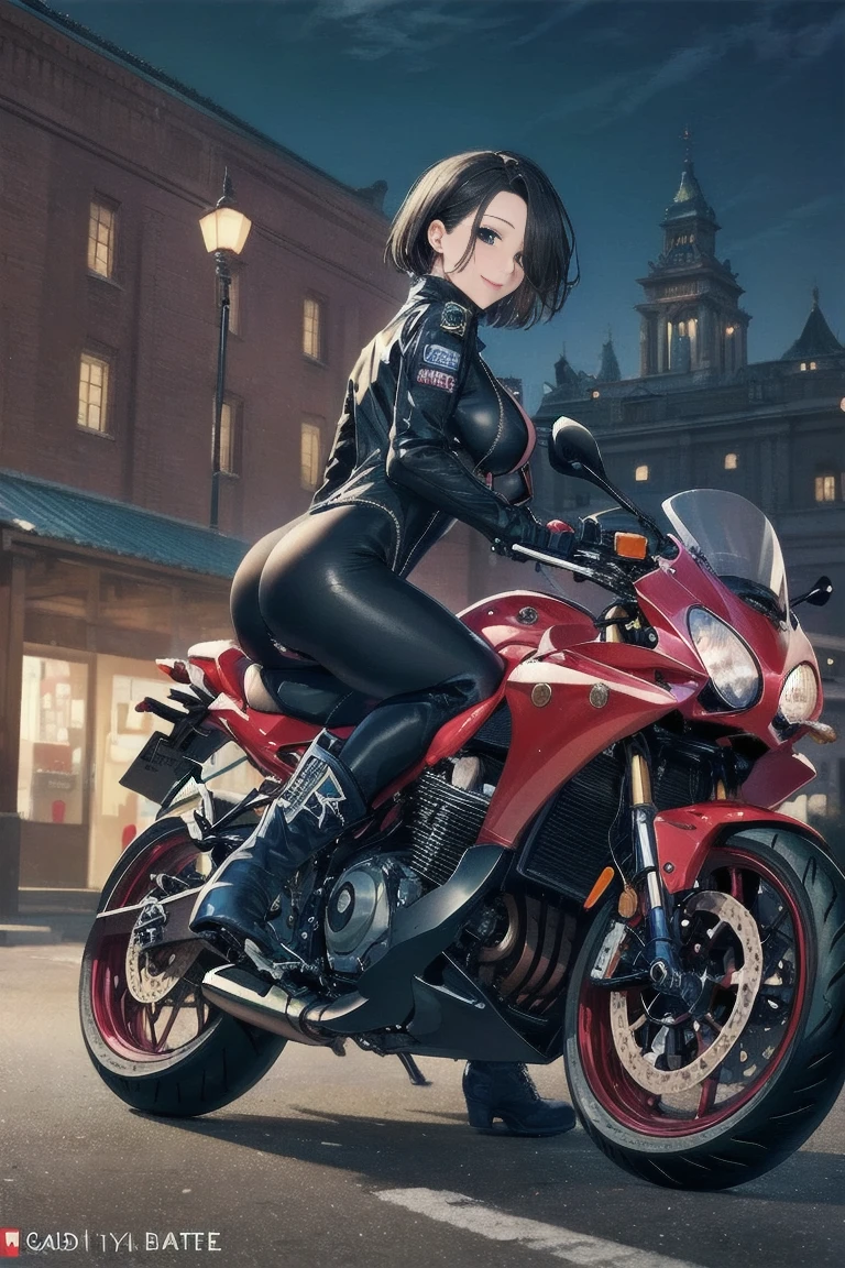 masterpiece,  top quality ,Ultra HD Explained,Full HD,16k,  Super Resolution  , accurate human body,Correct human anatomy,relax, smile,((Late Night, gas station,AKIRA BATE bike )),(((( motorcycle:1.8, sitting)))),  one woman:2.0, watching viewers ,(( black hair,  short bob from behind_Cover one eye,Black Eyes , Beautiful White Skin )),( open your eyes, penetrates ,Sexy and attractive body _ far beyond age:1.5, Well-balanced limbs:1.6, long legs ) ((Abnormally large breasts_K-Cup_ beautifully shaped breasts )),((( rider suit with the royal palace in the background_blue, bodysuit _ turtleneck_ zipper in the center, rider boots ))),, Japanese,Colours of the 90s, bust shot:1.8,Active Angle,Front View, chest in the background:1.4.