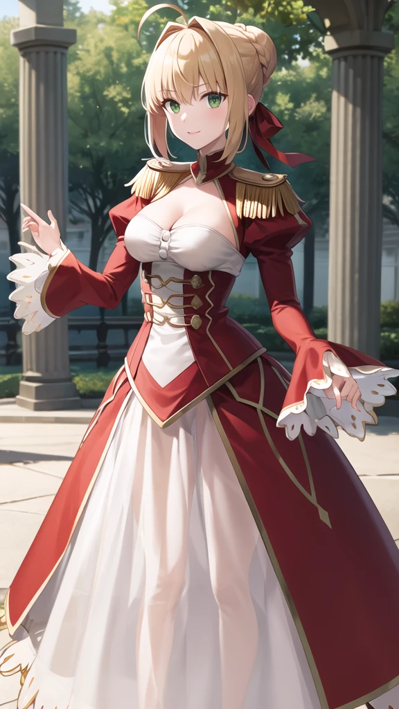 masterpiece, best quality, highres, aanero, ahoge, braid, single hair bun, hair ribbon, green eyes, medium breasts, epaulettes, cleavage, red dress, white dress, puffy sleeves, long sleeves, red sleeves, long skirt, see-through skirt, (white skirt:1.2), standing, cowboy shot, outdoors, looking at viewer,