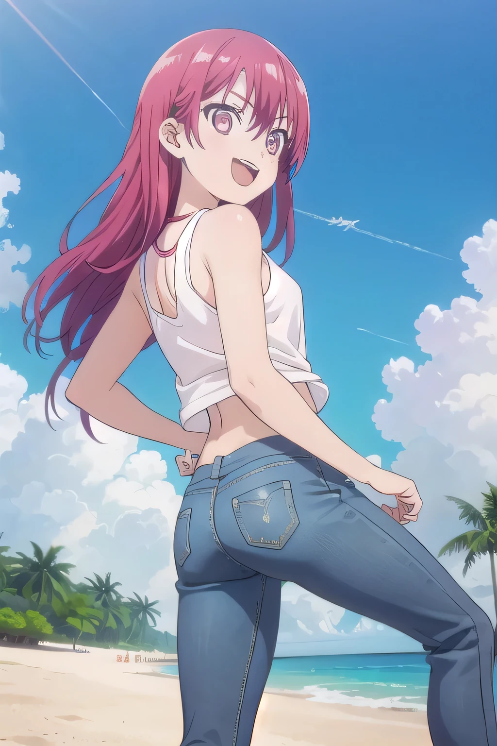 masterpiece,best quality,ultra detail,1girl, yo,pee, smile happily,background((under the beach, (day:1.2), under sand beach, bright sky)), Saki Saki, red eyes, red hair, straight long hair, Raise your two arms and bring them full behind your head, White tank top, White crop top, jeans, blue pants, (flares jeans 1:1), blue jeans, sex pose, (legs spread:3:1), orgasm, from below