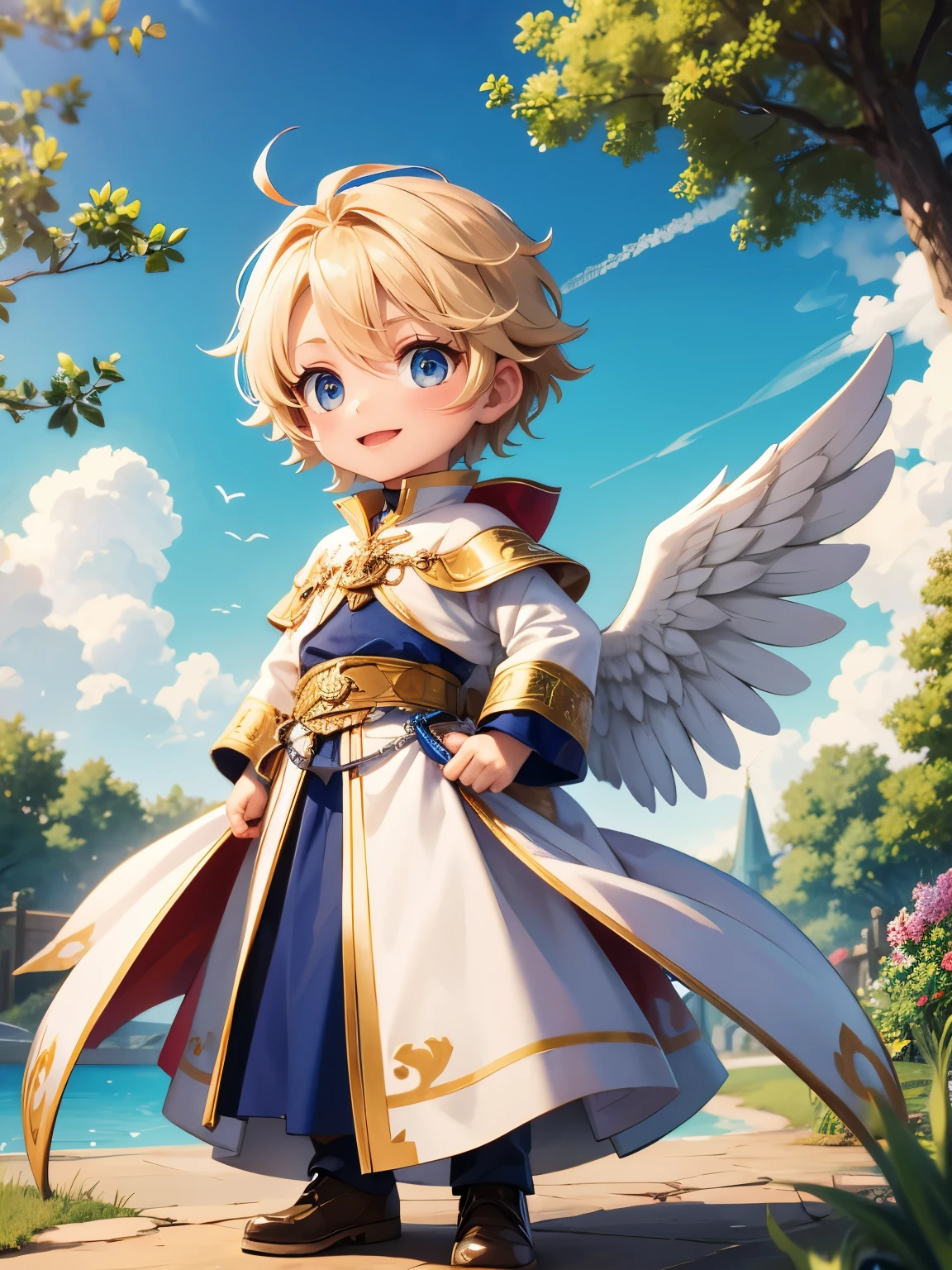 A Chibi boy, cute character , Boy gender male, blonde with blue eyes, with white wings on its back, dressed in prince's clothes, medieval clothes , medieval fantasy , in a garden on a floating island