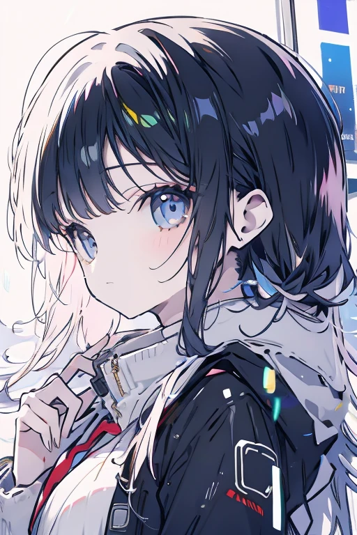 masterpiece, best quality, <lora:anmiXL_ANI31_lokr_V2233:0.95> abstract, short hair, solo, 1girl, hood, blue eyes, black hair