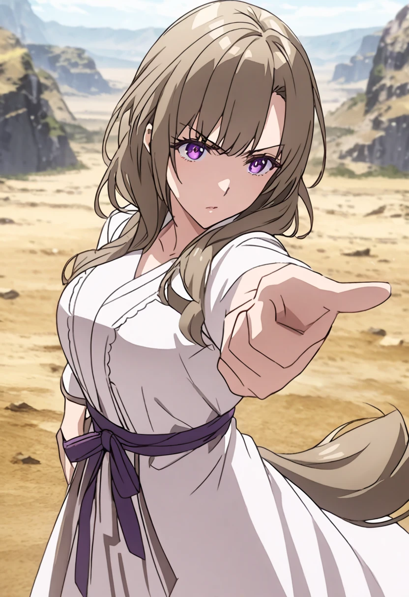 mature woman ,light brown side tail,purple eyes, white dress,A fighting pose , Holding one hand next to the face,gazing into the distance, 