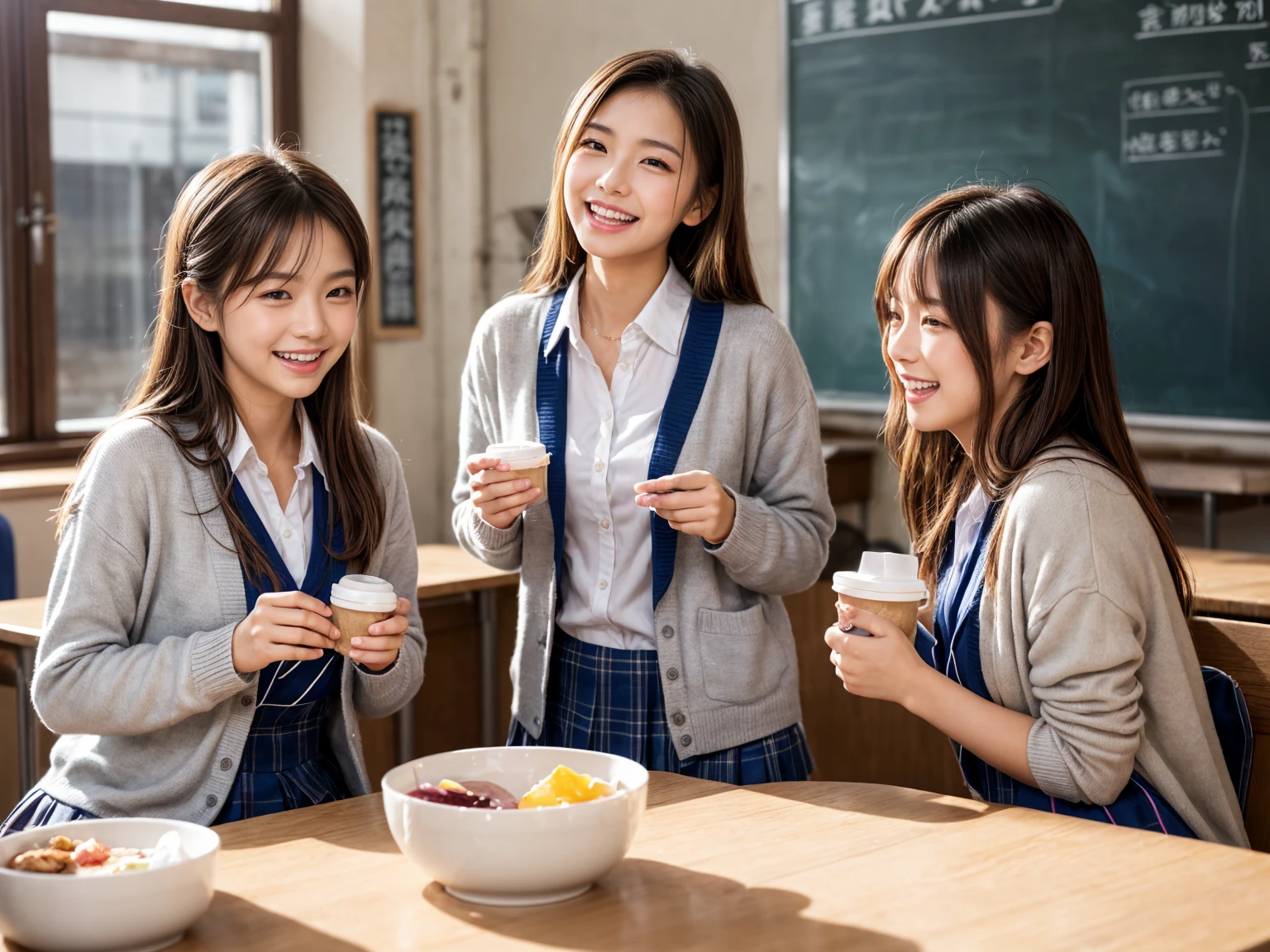 generate a photo of four girls sitiing in a cafe wearing different school uniforms. they are smiling while holding their coffees 