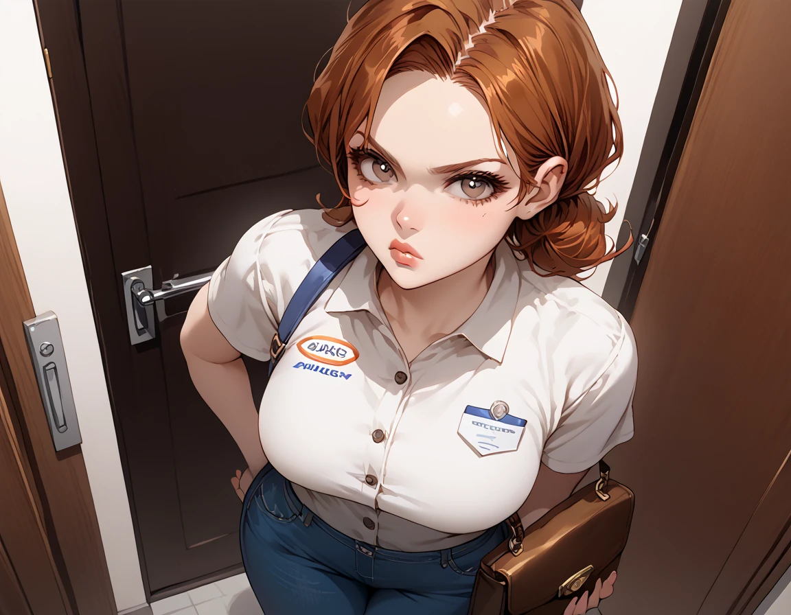 {{score_9, score_8_above, score_7_above, source_anime, Assessment_ sure}}  soft shading , 1girl, auburn hair, straight hair, lips,  brown eyes, wide hips, jeans pants, employee shirt, annoyed expression, carrying a satchel,  standing at the front door,  looking at the viewer.