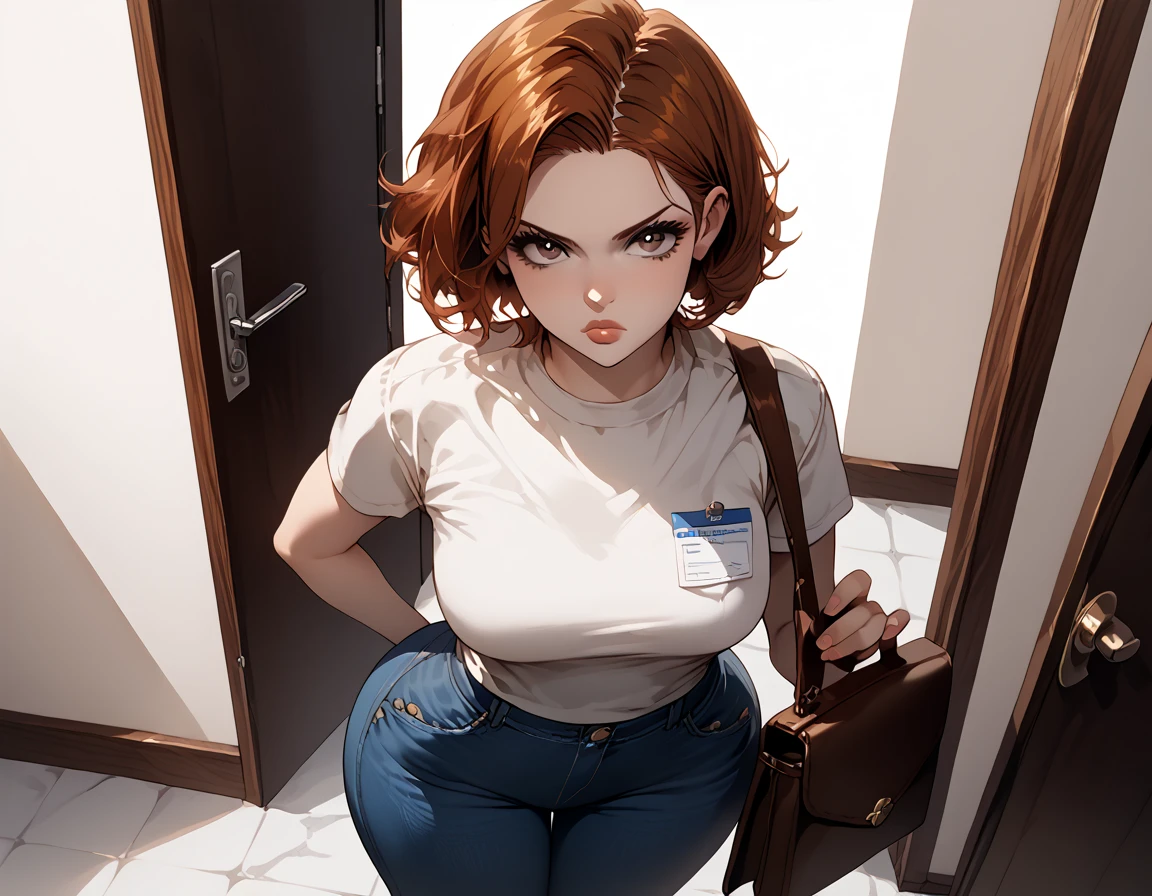 {{score_9, score_8_above, score_7_above, source_anime, Assessment_ sure}}  soft shading , 1girl, auburn hair, straight hair, lips,  brown eyes, wide hips, jeans pants, employee shirt, annoyed expression, carrying a satchel,  standing at the front door,  looking at the viewer.