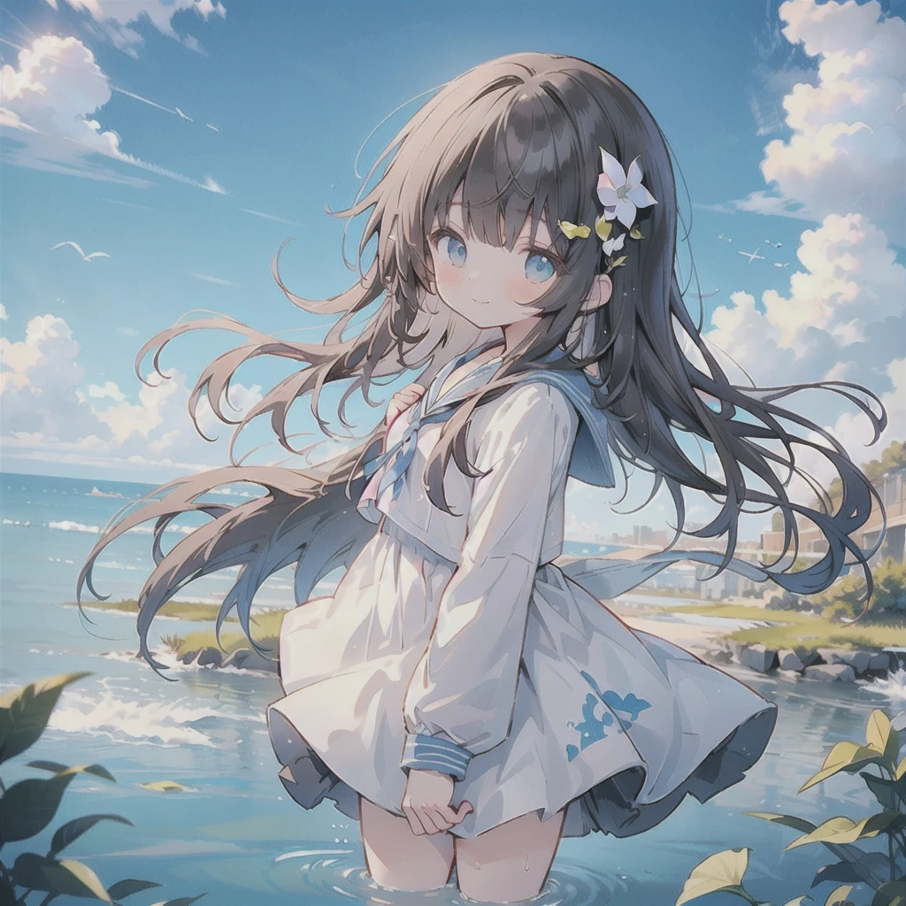 ((( super detailed,  Highly Detailed CG, masterpiece,  High Quality , 4K,  high definition , sharp concentration,Calm sea, Anime Style Illustrations ))),(Alone:1.3), cute, smiles,(An -aged girl is stan in shallow water:1.4), Light Blue Sailor Suit,( slightly bulging breasts:1.2),Tempting, Clear Skin,barefoot, long hair,Neat hair,Brown Hair,wind, White Clouds ,blue sky, watching viewers ,Wet clothes, shy 