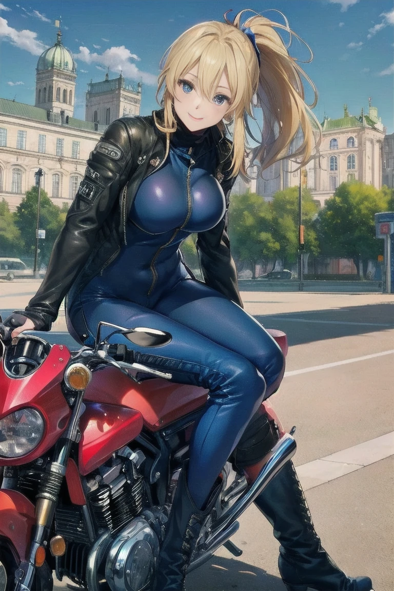 masterpiece,  top quality ,Ultra HD Explained,Full HD,16k,  Super Resolution  , accurate human body,Correct human anatomy,relax, smile,((Late Night, gas station, AKIRA BIKE BATE)),(((( motorcycle:1.8, sitting)))),  one woman:2.0, watching viewers ,(( blonde alone, long hair_  ponytail_Blue ribbon,Blue Eyes, Beautiful White Skin )),( open your eyes, penetrates ,Sexy and attractive body _ far beyond age:1.5, Well-balanced limbs:1.6, long legs ) ((Abnormally large breasts_K-Cup_ beautifully shaped breasts )),((( rider suit with the royal palace in the background_blue, bodysuit _ turtleneck_ zipper in the center, RIDER BOOTS))),,German,Colours of the 90s, bust shot:1.8,Active Angle,Front View, chest in the background:1.4.