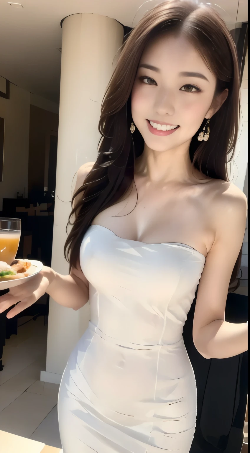 (1 Japanese woman in the style of a royal sister), (( top quality, 8k,   masterpieces during breakfast : 1.3)), (Front view),  Perfect Body Beauty: 1.4, (Hip,  Very beautiful legs : 1.2), (Very attractive smile), (street: 1.3),  highly detailed face and skin textures that reach shirt-length,  delicate eyes, double eyelid, Whitening, (shawl hair: 1.3), (Round face: 1.5), (  Strapless Dress  : 1.4),