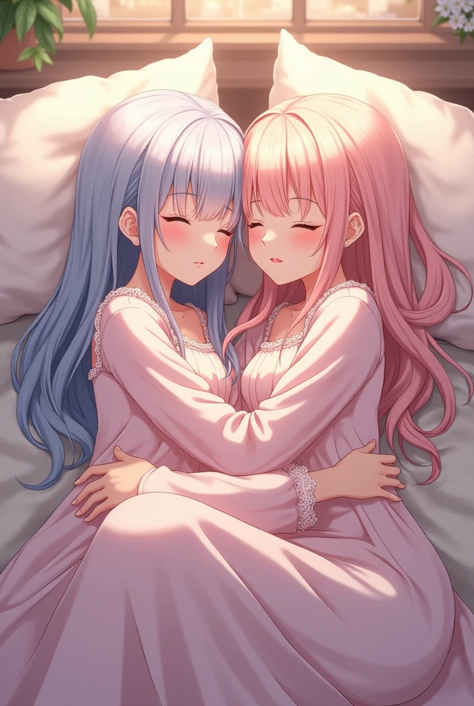 shoulder lenght straight elegant black hair with purple eyes, long straight washed pink hair with green eyes, about to sleep together, little girls, looking at each other, smiling, 5 years old, cute lolis, cozy sleep, wearing pajama, younger, in bed

