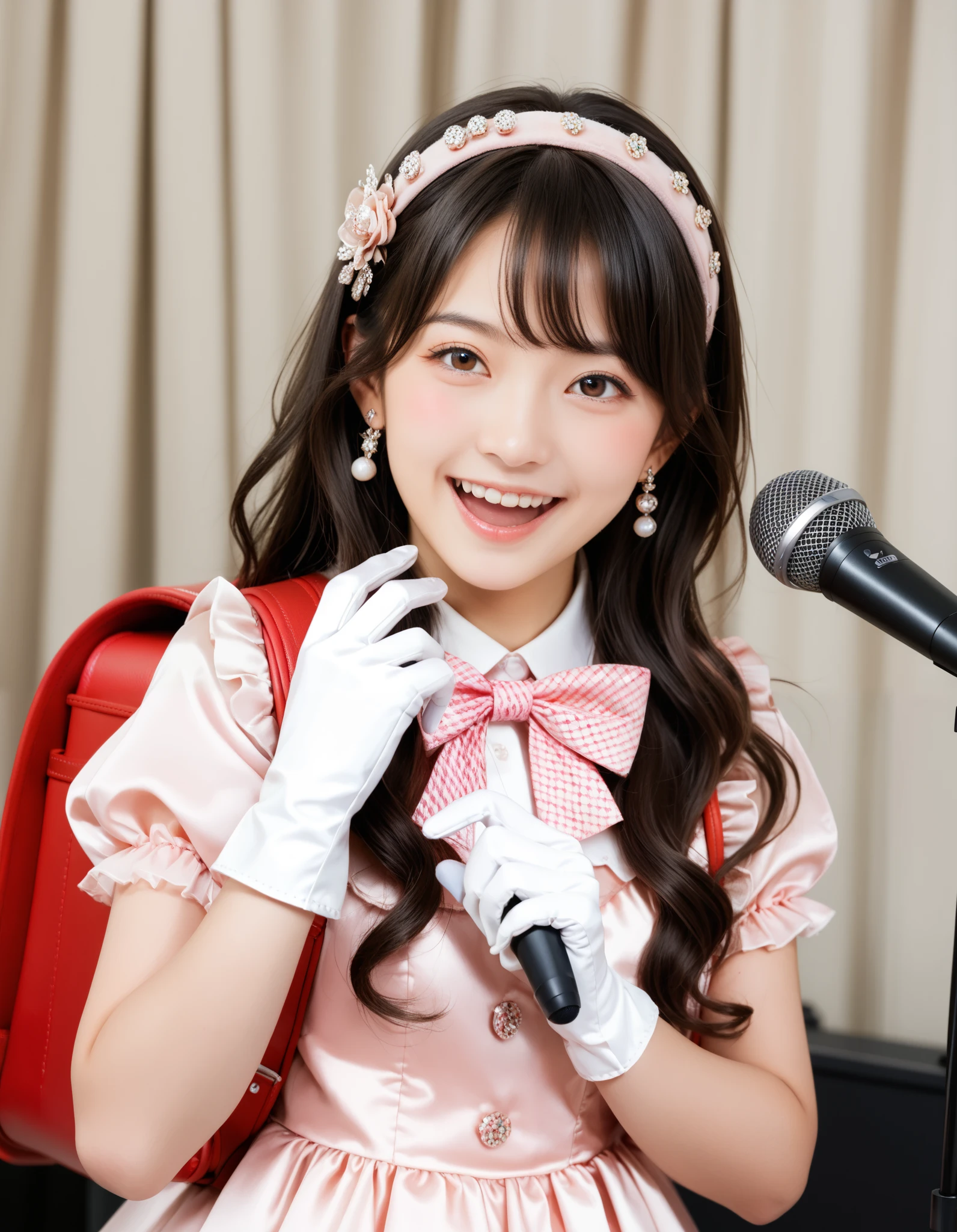 Araffe girl in a pink dress holding a microphone and smiling - SeaArt AI