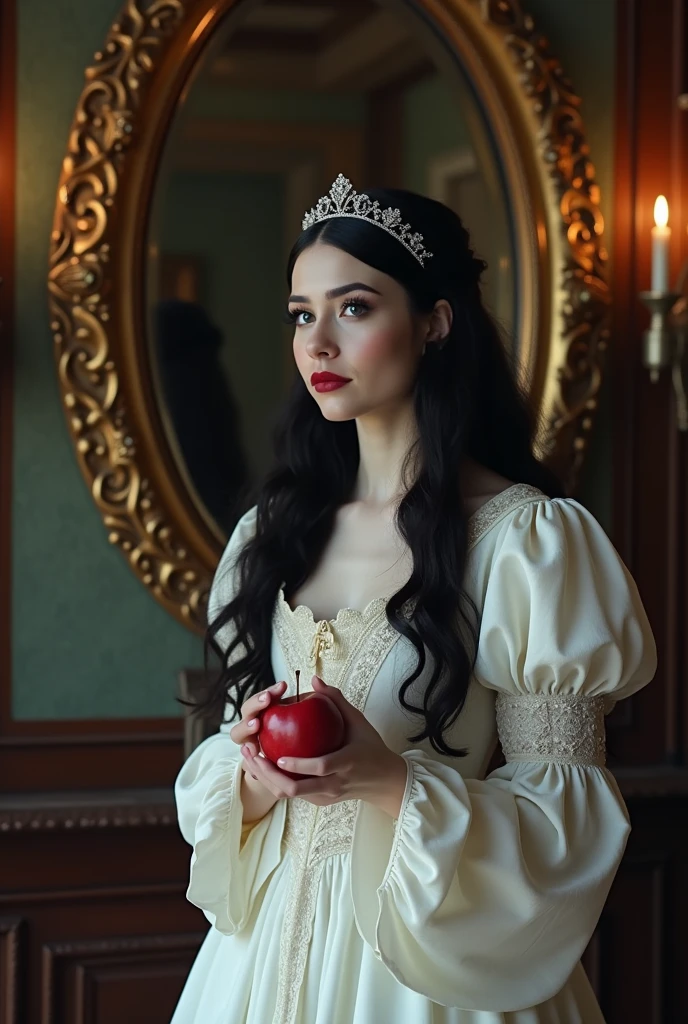 madonna, a closeup of a woman holding an apple wearing a crown, full body, portrait of snow white, female disney villain, snow white, evil princess, disney villain, villainy, disney weta portrait, pale snow white skin, evil villain, high quality, cinematic SCENE, 8k image, high image quality