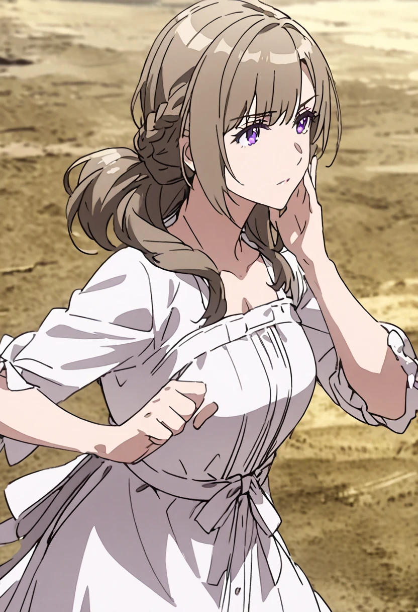 mature woman ,light brown side tail,purple eyes, white dress,A fighting pose , Holding one hand next to the face,gazing into the distance, 