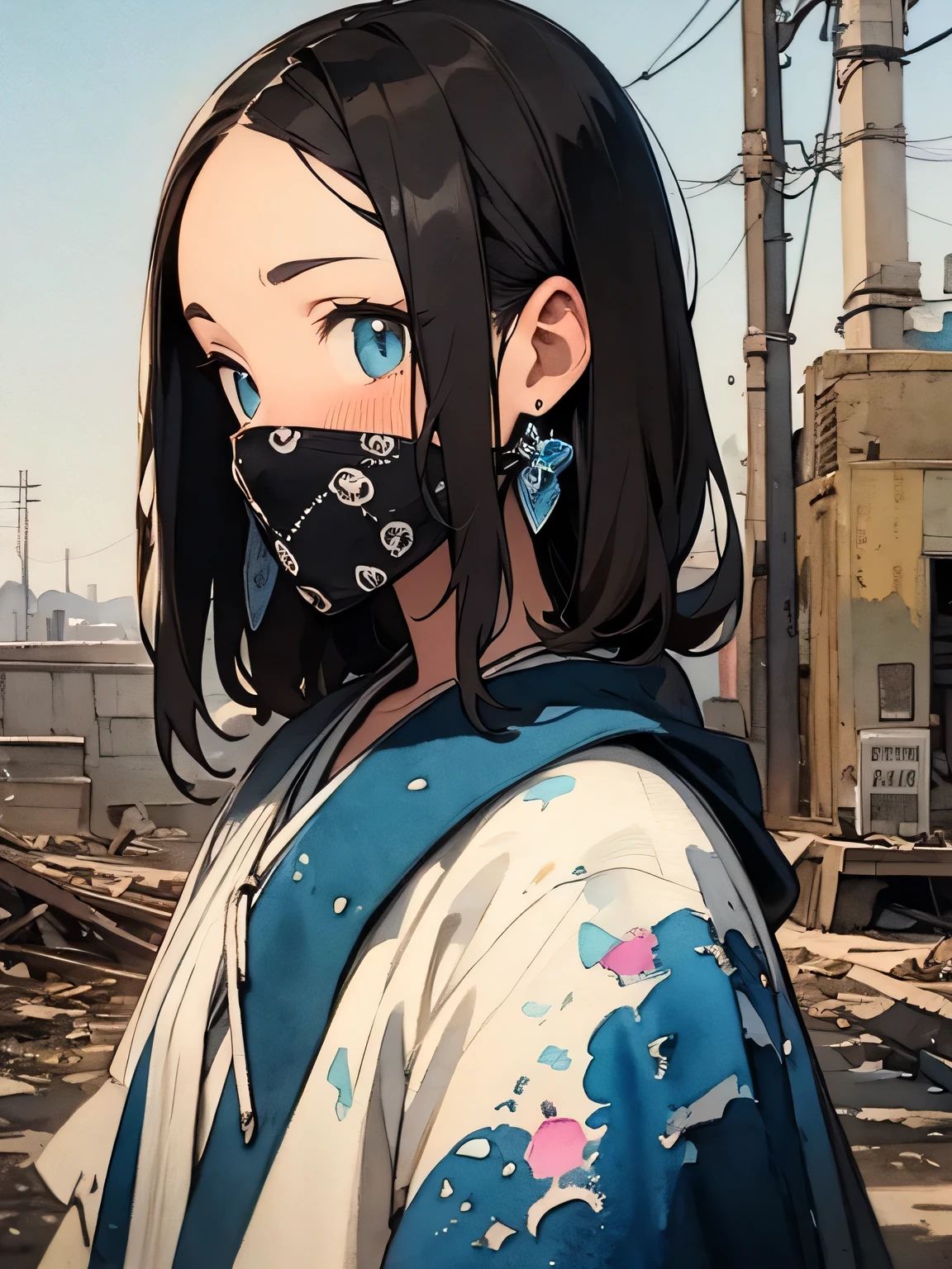 sideview,Alone,upperbody,black hair,forehead,shibari over clothes, white bandana (light-blue dotted pattern) mask,russian women,silver crisp sharp eyes, Long brown hair,  Homeless Outfit 、 Gray-Black Dirty Robe、Injury Face 、 is staring、 Ruined Town、 Bright Morning Sky 、Ruined landscape,like a painting, watercolor painting style, The Art of Mathematics, Official Art, Masterpiece, beautiful, ((watercolor)), paint splashes , complex details. very detailed, [Drooping:0.7],