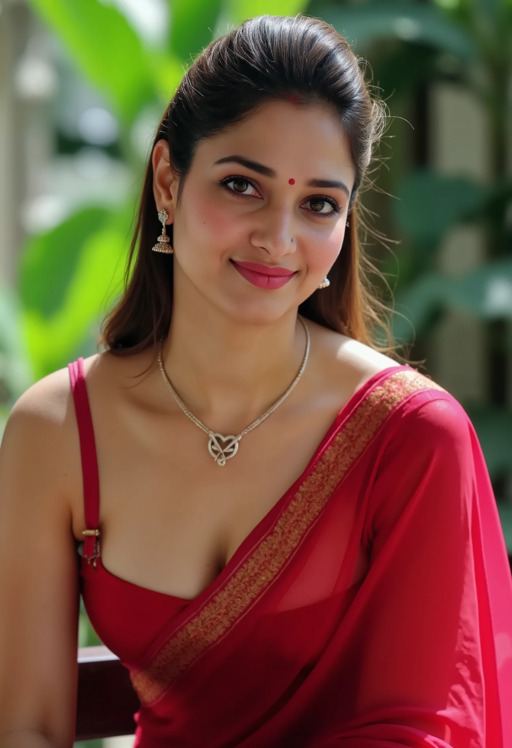 extreme close up photo of indian from top view, hourglass figure, sexy navel, swooping, sitting in a resort in wayanad, sweating, silky red saree, ponytail hair, necklace, look at viewer and smile, (cinematic:1.3), intricate details, (ArtStation:1.2)