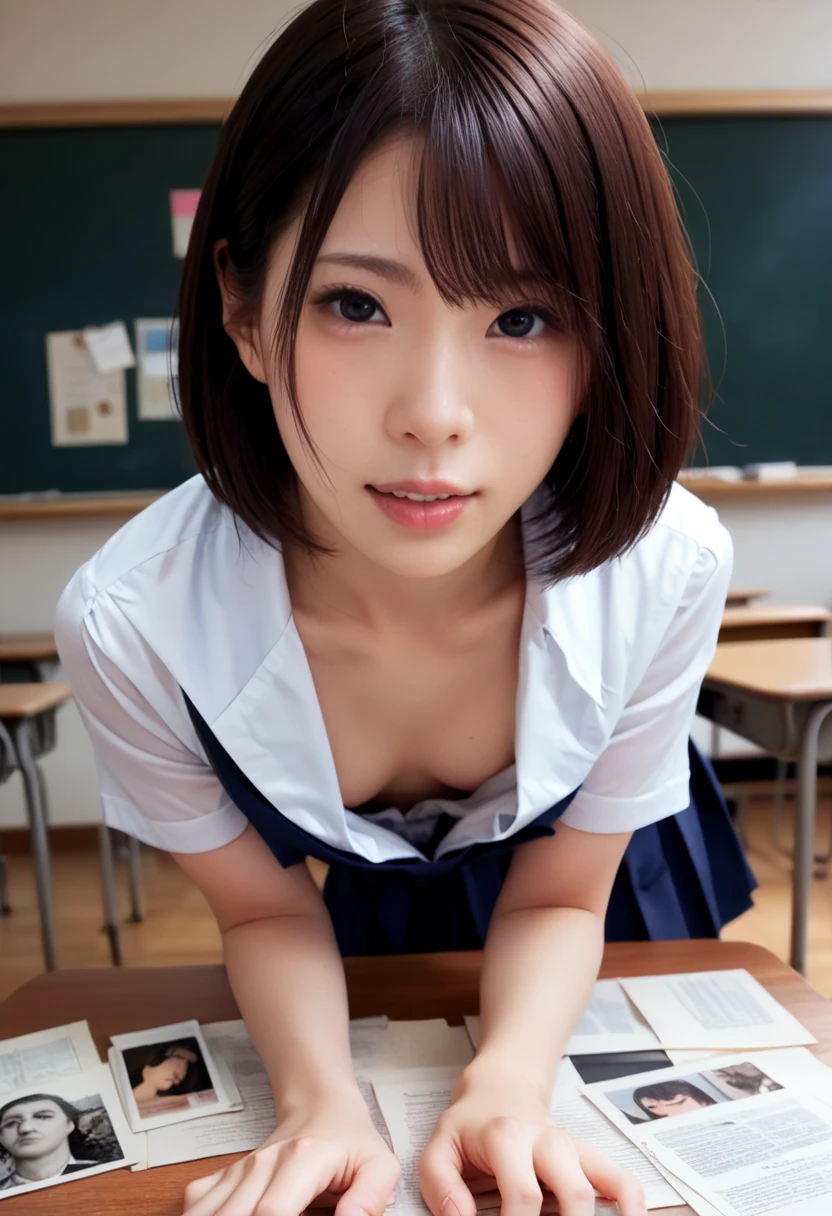 ((Best Quality)), ((masterpiece)), (detailed), ((((photograph)))),one japanese girl of 15,bob hair ,black eyes,wearing school uniform ,cleavage,Small breasts、Flat Chest,(((a glance of nipple))),in classroom,all fours crawling ,picking up papers,open mouth,joyful , eye on viewer,knolling photo