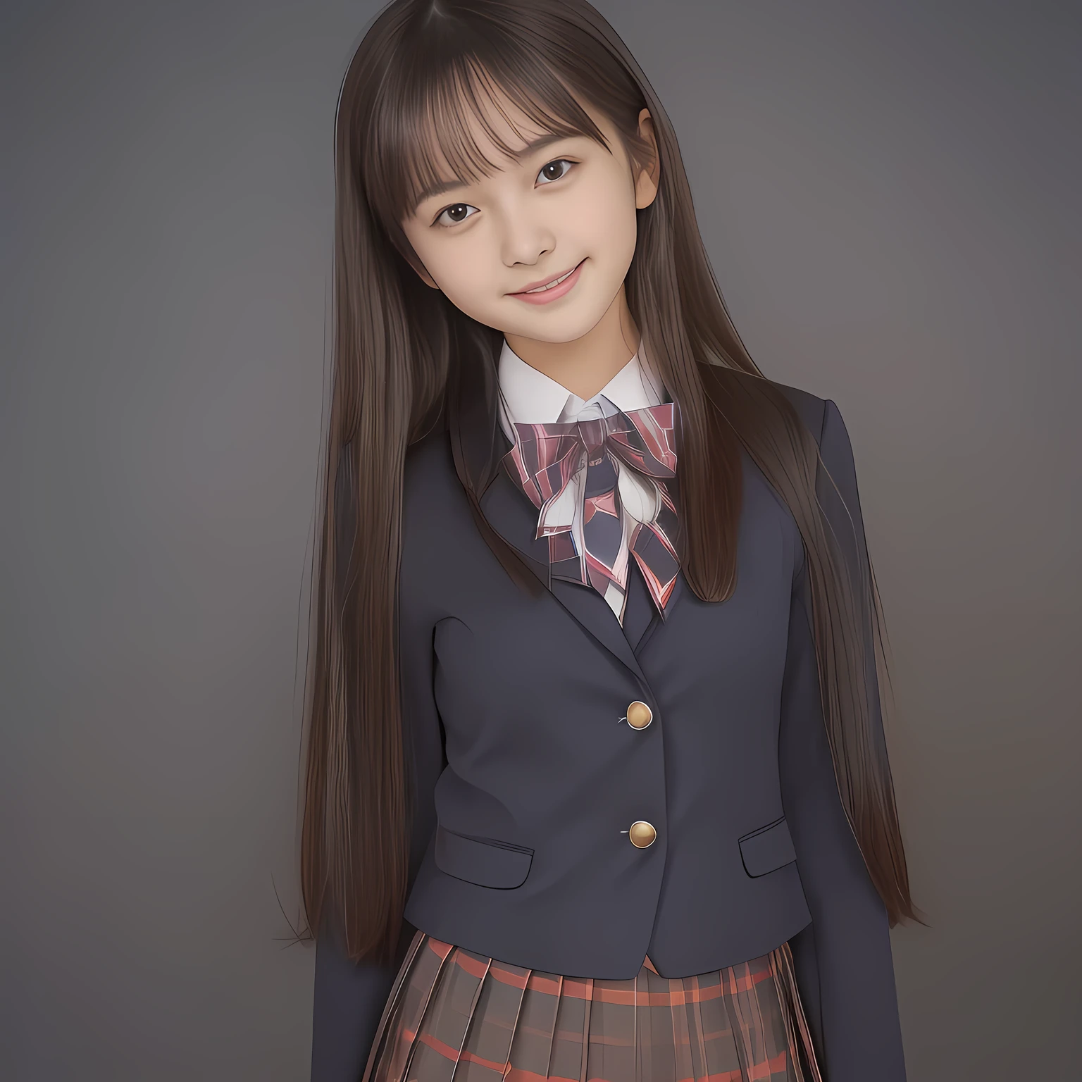 (Highest quality, masterpiece:1.2), Highest quality, High resolution, 1080P, 8k, (Super-pretty long hair hair super-beautiful super-bewitching super-cute expensive school-uniform pretty slender **yo girl of most beautiful school-uniform girl models photo magazine in Japan: 2.0), (neat gorgeous school uniform of private high school in Japan. navy-school-blazer with gold-emblem, super-neat blue-tartan-checkered pleats-school-skirt, super-girly red ribbon on the breast: 1.5), (bewitching expression, smile, lips, and pose to corrupt the viewer, everything is planned and prepared to corrupt the viewer into the allusion of love towards the girl: 1.2), (clearly detailed foreground focusing on girl's beauty and cuteness, plain dark blue background: 1.2), (full body shot)