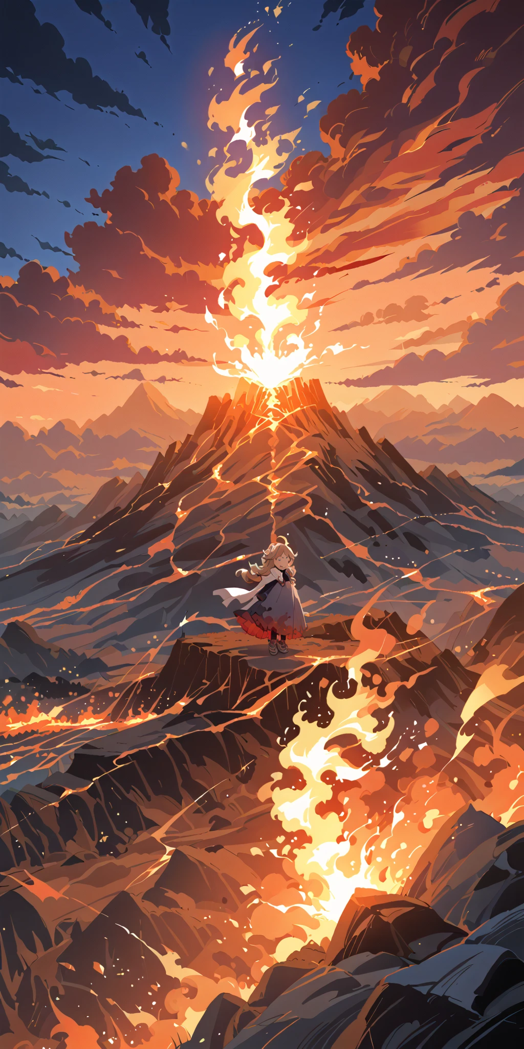 solo,1girl\((EyjafjallaBase:1.3), curled horns, ahoge, mask around neck, purple dress, white cape, fingerless gloves, black thighhighs,(tears:1.3)\).background\((realistic detailed volcano:1.2),beautiful red sparks,Lots of fireballs,(great eruption:1.3), lava,flare,(prominence),beautiful stardust,(burning sky:1.3),night\),(landscape:1.4),(dynamic angle:1.3).,dynamic angle. score_9, score_8_up, score_7_up, score_6_up, score_5_up, score_4_up, source_anime,source_furry,rating_safe,rating_questionable,masterpiece, best quality, perfect anatomy , very aesthetic , absurdres ,