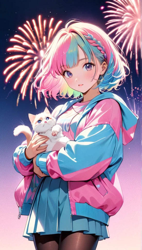  the prettiest girl in the world、( best quality:1.2,  Very detailed, Latest,  vibrant ,  High Contrast , masterpiece:1.2,  best quality,  best aesthetics),  girl, (( Poses holding a cute kitten :1.4)),  colorful hair,Short bob ponytail with braids ,  pastel colors ,  1980s Style , ((retro,  vintage, plain background )) ,  best quality, Masterpiece High Definition Masterpiece、  idol group  、 Short Haired Bob Hairbraid Bang Hair、cute  girl、  Casual Hoodie Outfit  、 miniskirt、 thin black pantyhose  、 、 Fireworks festival background、flowerpunk、 Glowing light particles 、  brilliant gradient effect