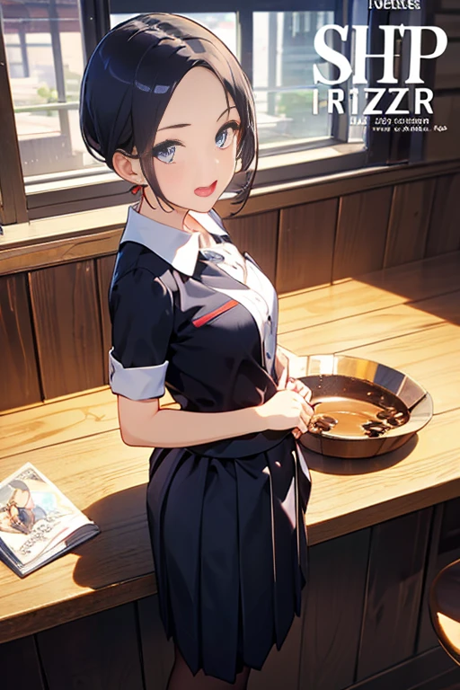 (highest resolution, distinct_image), best quality, masterpiece, highly detailed, semi realistic, a woman with short black hair, mature woman, triple bangs, blue uniform, blue pleated skirt, military uniform, main perspective, military academy, dining, lunch, and being with classmates,