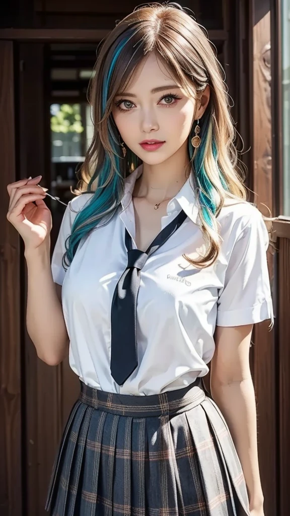 (cowboy shot), face focus, look at viewer, standing, outdoors, nsfw, 
1girl, gal, shiny skin, (right smile, close own mouth), 
long hair, (((multicolored hair, Curly hair:1.2, wavy hair))), ((blue necktie)), 
jewelry, earrings, piercing, 
school uniform, ((white button-up shirt, open uniform)), tied shirt, plaid skirt, 
black choker, 
shiny pink cheeks, glossy pink lips, pink eyeshadow, Dark eyeliner, Dark mascara, under-eye bags, 
Blurred Background, Fantastic, Epic Scale, 
(best quality), (high quality), (masterpiece), (4k,8k,raw photo), (((Highly Detailed Face and perfect Skin Texture))), 
Depth of written boundary, (((Very elegant and beautiful, Perfect detail, Super detailed))), Beautifully detailed whole body,