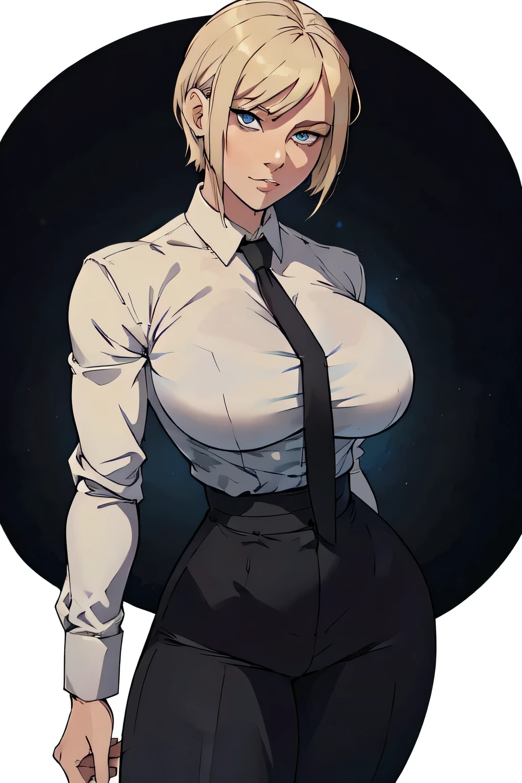 Girl with short blonde hair, blue eyes, wearing A white dress shirt, medium breasts, with a black tie, defined body, wearing black dress pants, defined waist, hips, collared shirt With arms raised above the head 