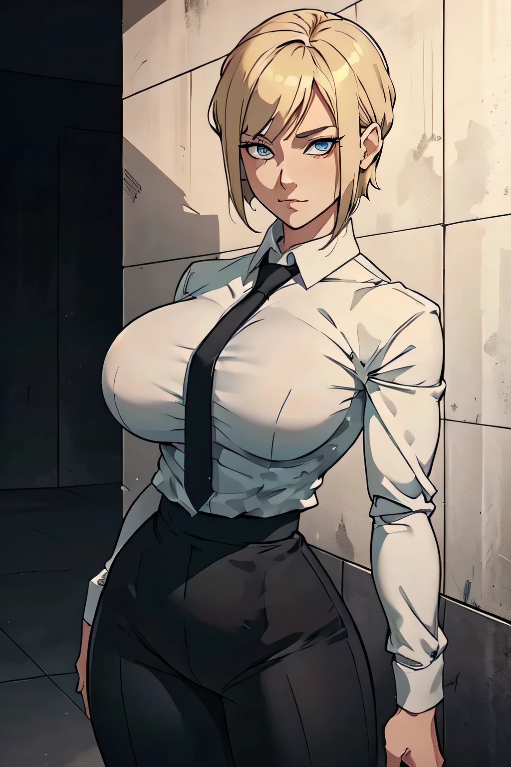 Girl with short blonde hair, blue eyes, wearing A white dress shirt, medium breasts, with a black tie, defined body, wearing black dress pants, defined waist, hips, collared shirt With arms raised above the head 