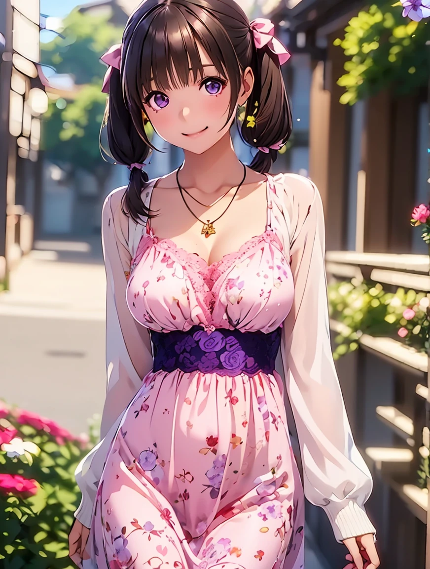  high definition  ,In 8K, best quality , Details, semi-realistic anime , D Anime Style , Smooth Anime CG , one girl, 19-year-old Japanese woman, slim,modeling,(( smaller breasts)),((Twirled Eyes)), pink lips, Shiny brown hair, Detailsな顔,Beautiful and  Details,((beautiful floral lace chiffon dress)),(( Long Sleeve )),((Amber Sparkling Pendant )),((Cute village girl )),(( deep blue-purple shining eyes )),((Shut your mouth.)),((Laughter)),((Bright interior)),straggling hair,((( short twin tails))), angelic hairstyle ,( embarrassing),