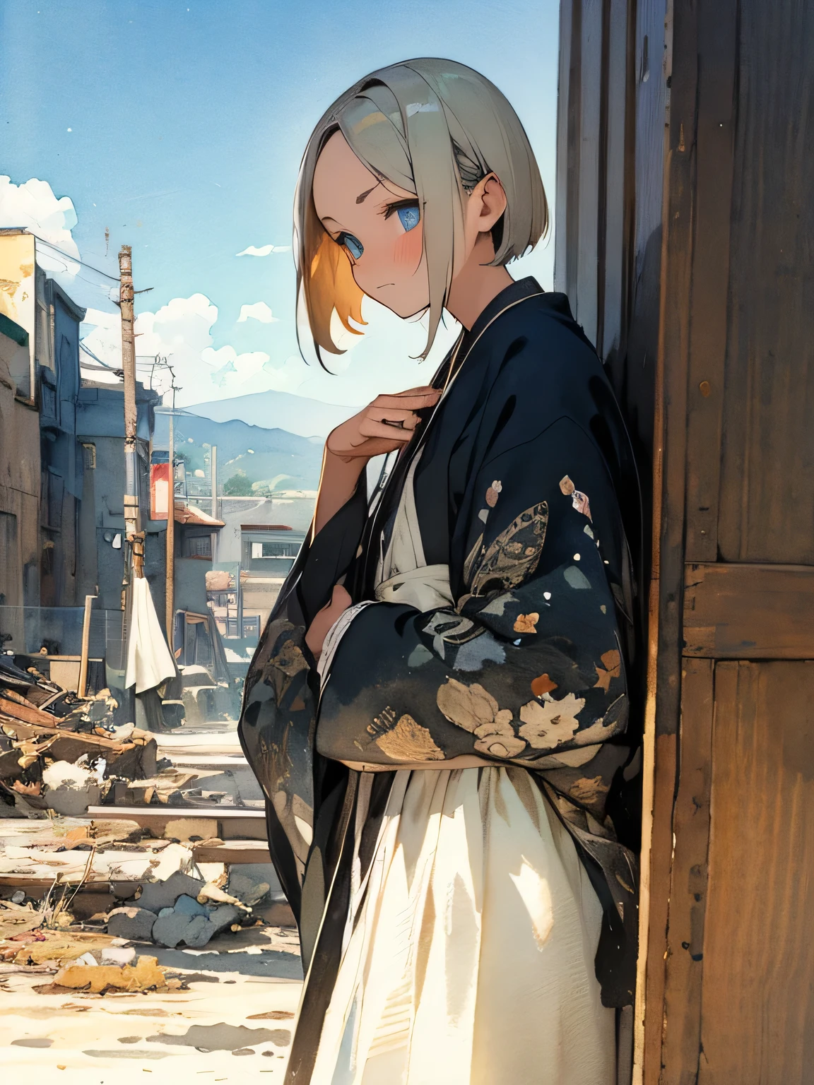 sideview,Alone,upperbody,black hair,forehead,shibari over clothes, white long bandana (light-blue dotted pattern) mask,russian women,silver crisp sharp eyes,  black blonde pixie cut,  Homeless Outfit 、 Gray-Black Dirty Robe、Injury Face 、 is staring、 Ruined Town、 Bright Morning Sky 、Ruined landscape,like a painting, watercolor painting style, The Art of Mathematics, Official Art, Masterpiece, beautiful, ((watercolor)), paint splashes , complex details. very detailed, [Drooping:0.7],