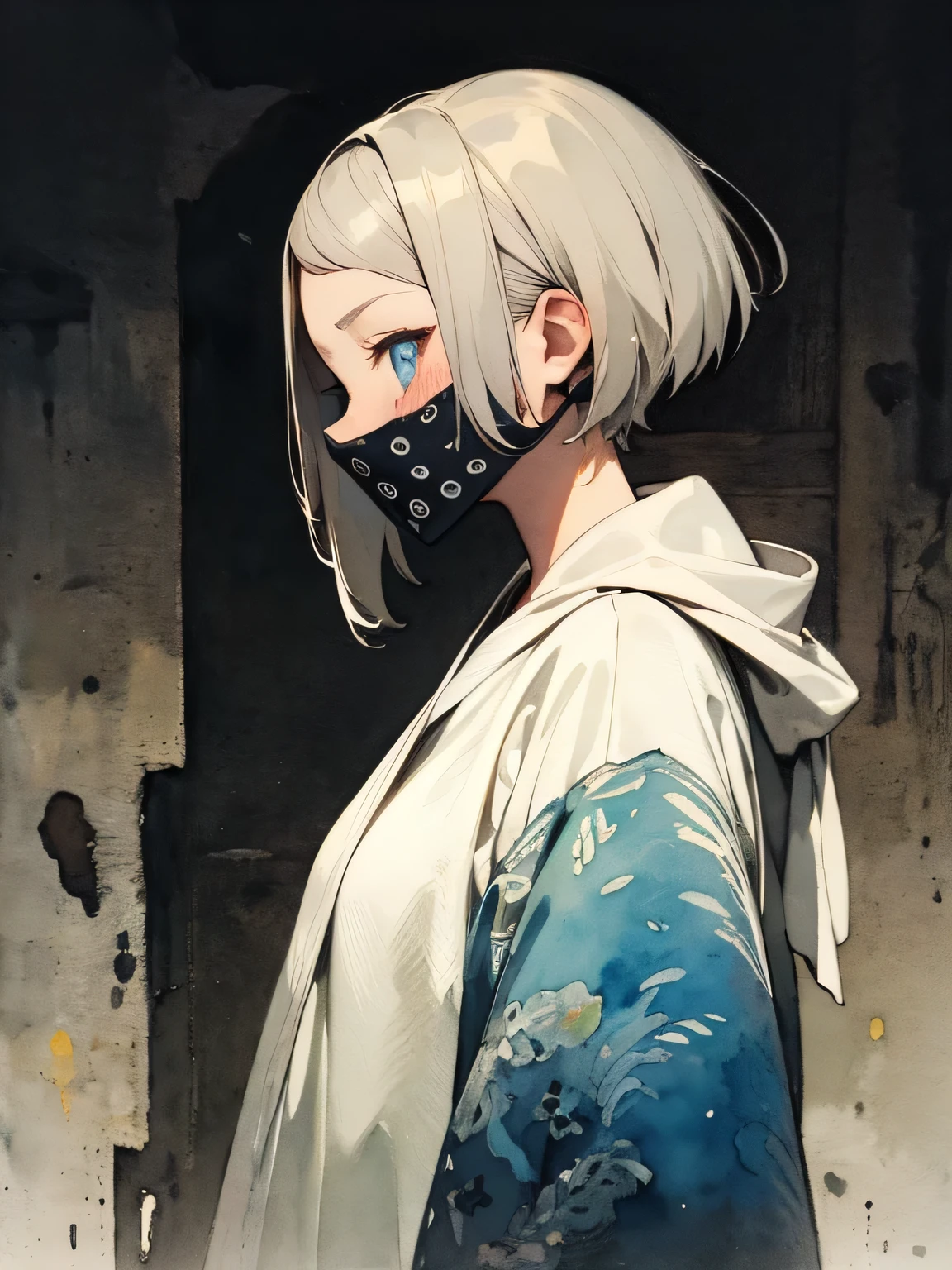 sideview,Alone,upperbody,black hair,forehead,shibari over clothes, white long bandana (light-blue dotted pattern) mask,russian women,silver crisp sharp eyes,  black blonde pixie cut,  Homeless Outfit 、 Gray-Black Dirty Robe、Injury Face 、 is staring、 Ruined Town、 Bright Morning Sky 、Ruined landscape,like a painting, watercolor painting style, The Art of Mathematics, Official Art, Masterpiece, beautiful, ((watercolor)), paint splashes , complex details. very detailed, [Drooping:0.7],