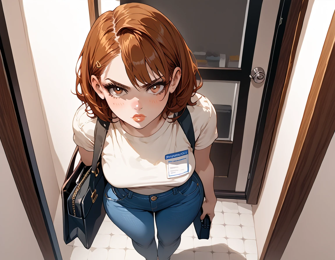 {{score_9, score_8_above, score_7_above, source_anime, Assessment_ sure}}  soft shading , 1girl, auburn hair, straight hair, lips,  brown eyes, wide hips, jeans pants, employee shirt, annoyed expression, carrying a satchel,  standing at the front door,  looking at the viewer.