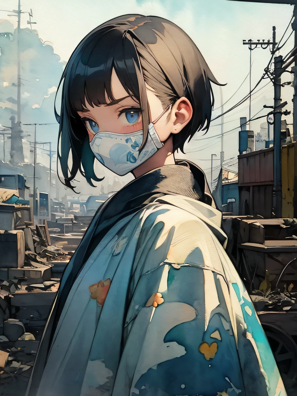 sideview,Alone,upperbody,black hair,forehead,shibari over clothes, white long bandana (light-blue dotted pattern) mask,russian women,silver crisp sharp eyes,  black blonde pixie cut,  Homeless Outfit 、 Gray-Black Dirty Robe、Injury Face 、 is staring、 Ruined Town、 Bright Morning Sky 、Ruined landscape,like a painting, watercolor painting style, The Art of Mathematics, Official Art, Masterpiece, beautiful, ((watercolor)), paint splashes , complex details. very detailed, [Drooping:0.7],