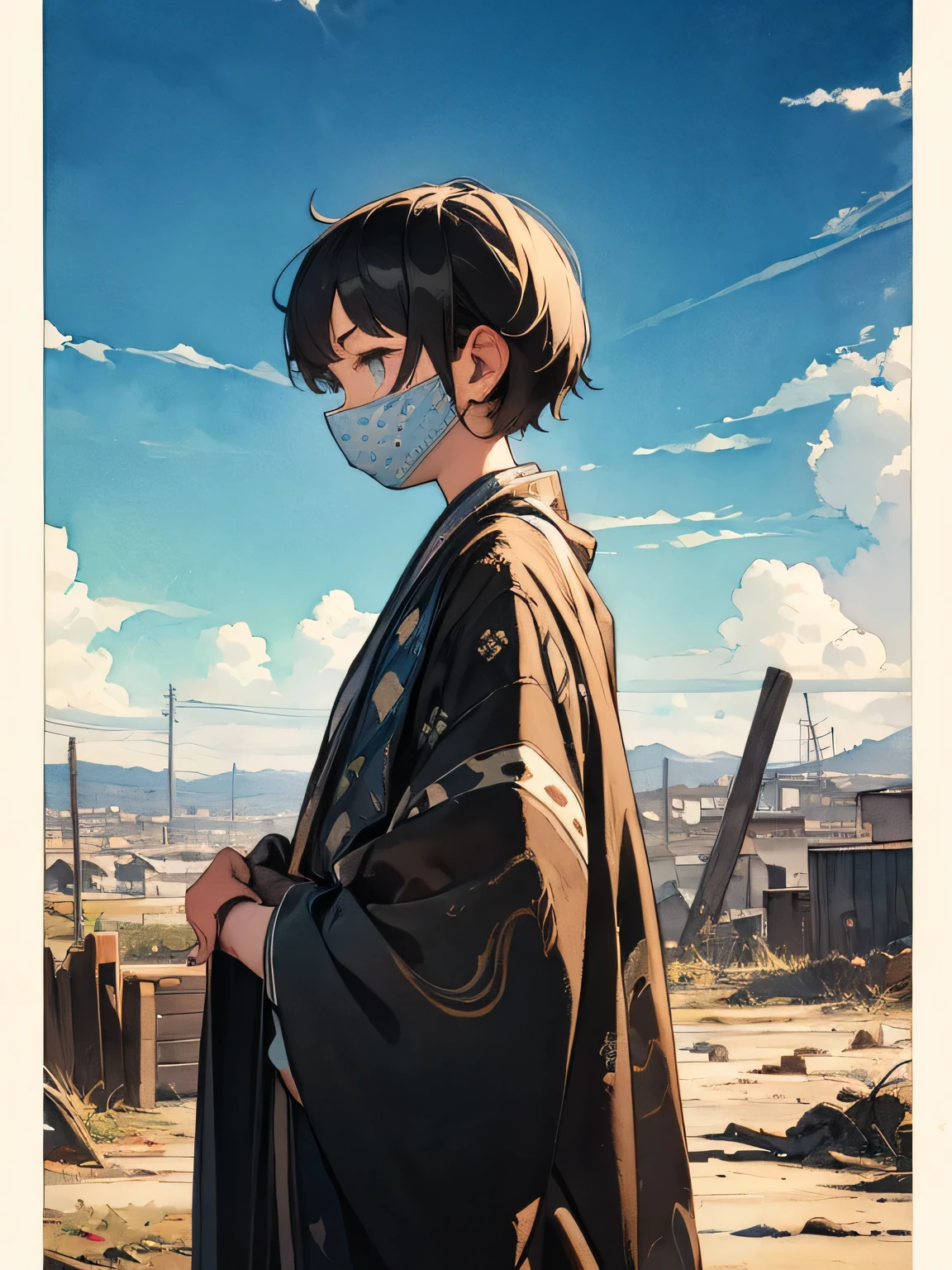 sideview,Alone,upperbody,black hair,forehead,shibari over clothes, white long bandana (light-blue dotted pattern) mask,russian women,silver crisp sharp eyes,  black blonde pixie cut,  Homeless Outfit 、 Gray-Black Dirty Robe、Injury Face 、 is staring、 Ruined Town、 Bright Morning Sky 、Ruined landscape,like a painting, watercolor painting style, The Art of Mathematics, Official Art, Masterpiece, beautiful, ((watercolor)), paint splashes , complex details. very detailed, [Drooping:0.7],