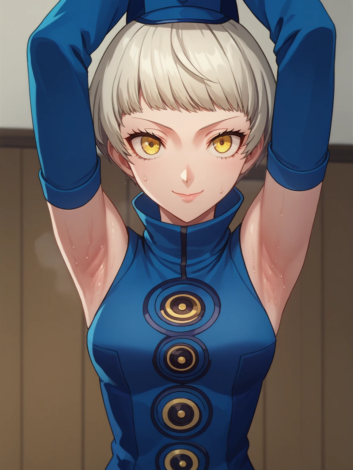 score_9, score_8_up, score_7_up, source_anime, anime screencap, 1girl, solo, elizabeth from persona 3, blue hat, yellow eyes, short hair, white hair, detached sleeves, shirt, blue shirt, turtleneck shirt, arms up, raised arms, armpits, medium breasts, from above, looking at viewer, head towards viewer, smile, closed mouth, badhandv4, indoors, on stage, sweaty armpits, sweating