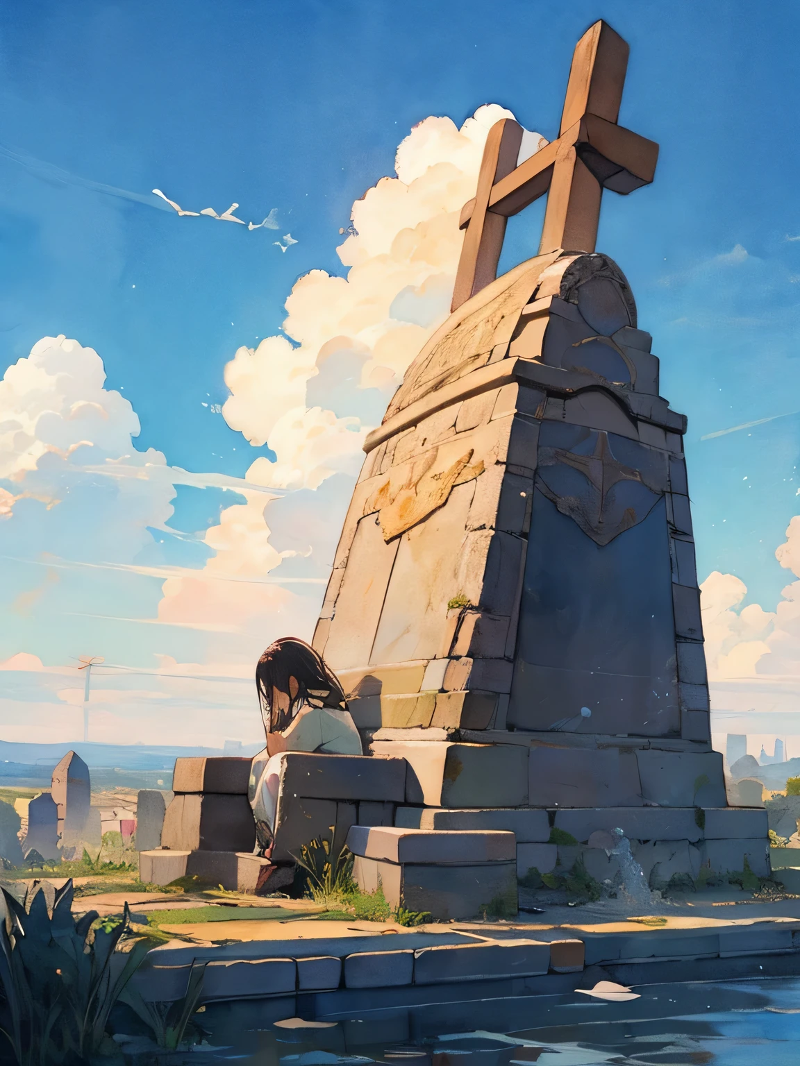 sideview,Alone,On the Cliff、blue sky、 Tomb of One Cross、Person Praying in Front of a Grave 、Beautiful sky、cloud、 nostalgic ,like a painting, watercolor painting style, The Art of Mathematics, Official Art, Masterpiece, beautiful, ((watercolor)), paint splashes , complex details. very detailed, [Drooping:0.7],