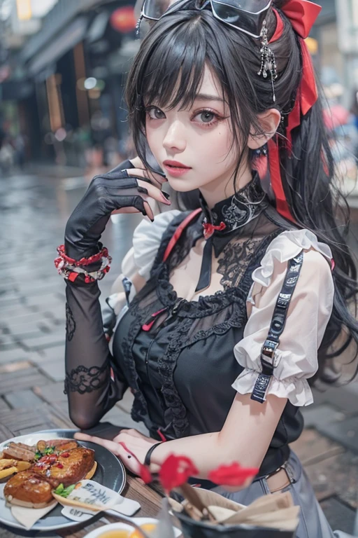 ((Upper Body))、((One Girl))、(20th Generation)、((Very Short Hair))、((Straight Bangs))、((Black-haired))、(Take in the view)、Gothic Lolita、((Black maid outfit))、(Eyepatch on left eye)、(Photorealistic:1.2)、In 8K、(High Quality Shadows)、Beautiful and delicate face、Beautiful and delicate eyes、Cute K-pop Idol、(The Face of Ulzan in Korea)、(Urzan-6500-v1.1:0.6)、Glow Eyes、Perfect body、Natural color reproduction、((Strong light))、Bright red lipstick、(choker)、((Brown eyes))、Shiny Hair、The description of Beautiful and delicate hair、(Shiny skin)、(night)、Japanese、(dark alley between buildings)、Street lamp、Shoulder Bare、Small red rose tattoo on the décolletage、Just one tattoo