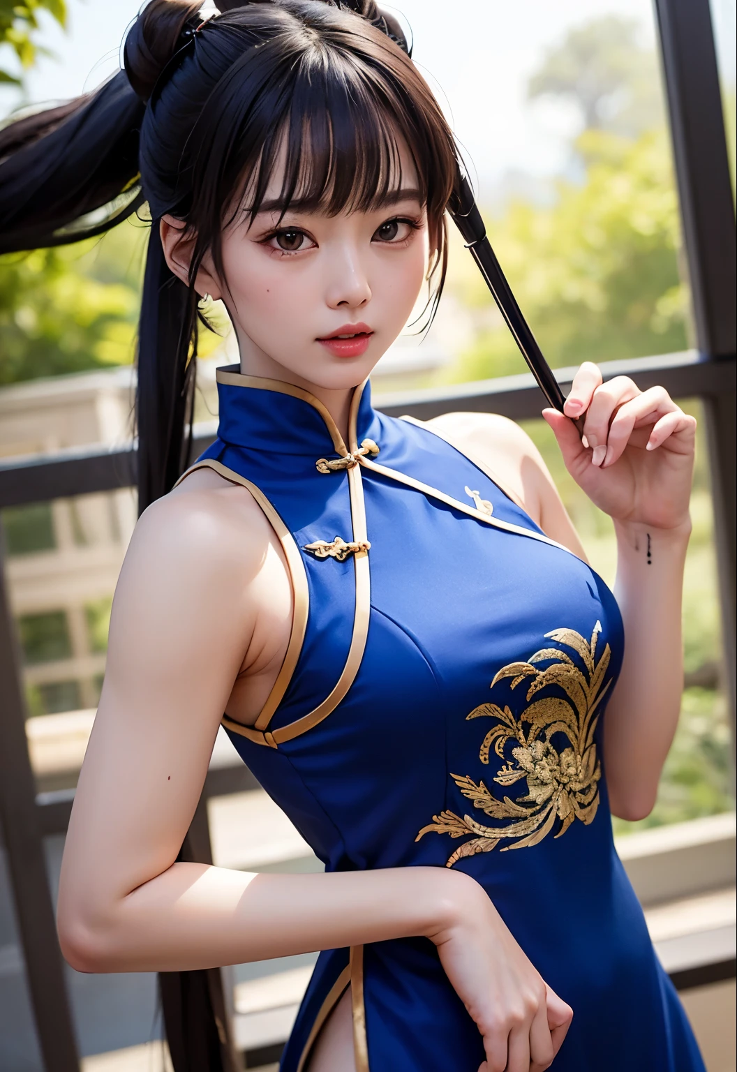 16K quality、最 High Quality 、 high definition 、Actual Photos、((Long Hit、 looks like the whole body is shown ))、((SF2 Chunliの青い Chinese Dress ))、(((SF2 Chunli&#39;Blue and Navy)  Chinese Dress 、 white panties、Puff sleeve short sleeve 、White Band、 bold thigh slit )))、(光沢のある Chinese Dress 、詳細な Chinese Dress の詳細)、A blue box with gold trim、Gold trim、(Black wrist band )、((Blue Fordrop))、(((I) In the form of balance、 let's raise one leg straight 、Stretch your legs、 Put your legs above your head  :1.5)))、(((High Kick)))、 ( bun hair 、Grey hair clip、Ribbon knot)、(( Chinese inner side ) Night City、neon、 I'm on the road ))、Fカップの巨乳が膨らむ Chinese Dress 、 Chinese Dress を中心に、 perfect body、  perfect hands 、Perfect means、A masterpiece with realistic features、( Long Legged Supermodel ) 、緻密でbeautiful唇、くっきりとしたbeautiful顔立ちと均整のとれた目、（very beautiful and discreet makeup、light makeup、 manicured nose 、 thin eyebrows）、（Soft light、 High Quality 、Smooth and sharp、10x pixels、beautiful）  Eye Shadow : 1.8)、 sexual arousal、smile、(Sharp V-zone)、( cute Japanese women in their 20s、正面を向いて camera 、 wet and shiny dark brown hair )、(( dynamic pose、open)  lift both legs and look at the crotch from the apron side .)）、(真下に垂れる青い Chinese Dress の前))、(( very beautiful and modest Makeup 、光沢のある very beautiful and modest Makeup がbeautiful))、(((White enamel )  knee-high boots))、(Shiny blue crotch)、 low angle、 full thighs、 Taimo emphasis、 bangs hairstyle 、Delicate body、 slim、entity、textured skin、Light-reflecting skin、 facing the front 、 Model Body Type 、  detailed fingers  、beautiful目、 has long eyelashes、８Head and body、 low angle、Light in the eyes、 small face 、 double eyelids 、 big eyes、 lip gloss、 camera 、Background blur、Frontal video lighting、 Eyes 