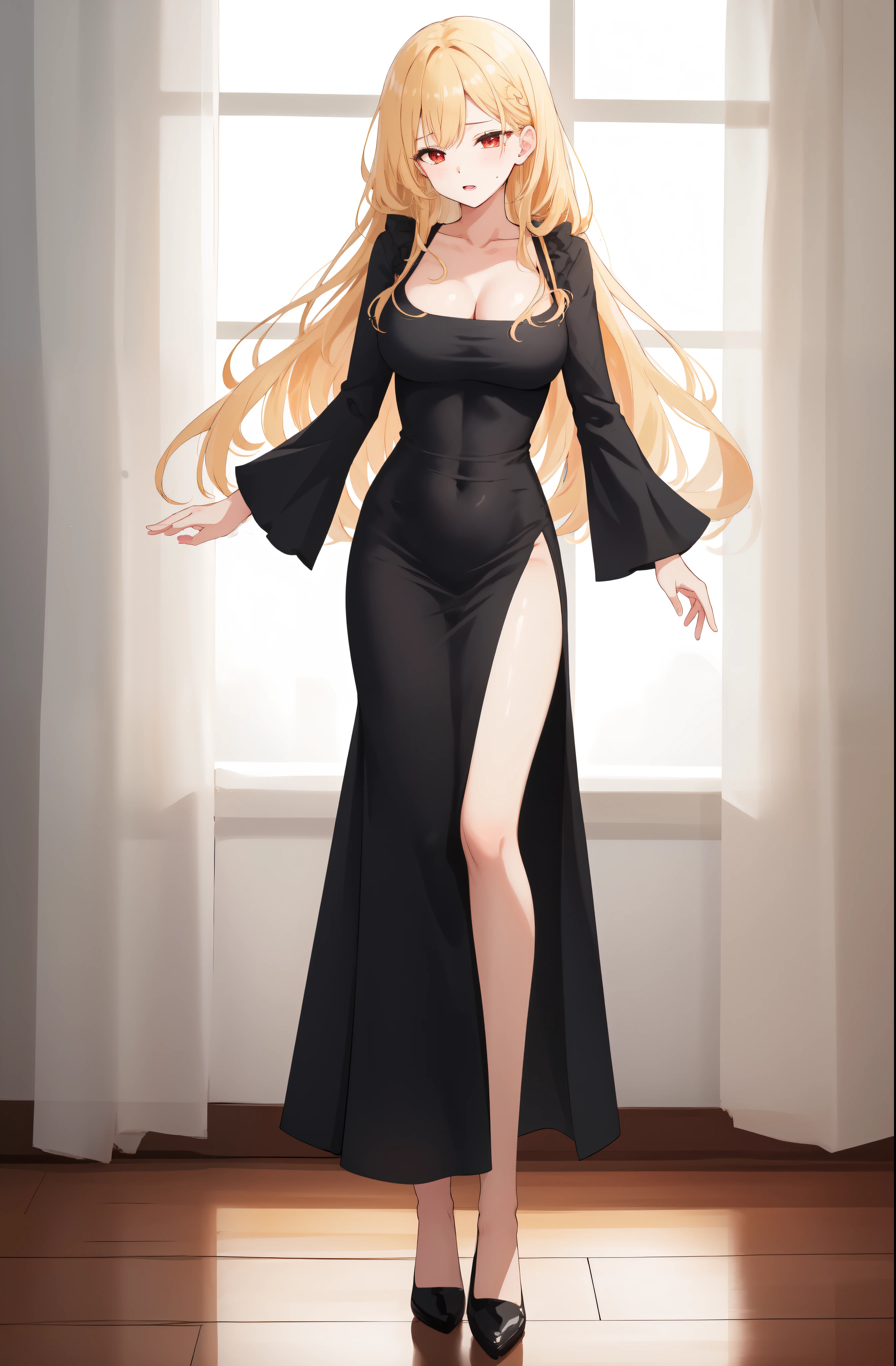 masterpiece, dress, black dress, Black dress, Black Dress, dongtan dress, Dongtan dress, Dongtan Dress, black dongtan dress, Black dongtan dress, Black Dongtan Dress, highres, Super detailed, very detailed, highest quality, best quality, super detailed, standing, high quality, high-definition, extremely detailed, mature female, full body drawing, Full body drawing, straight body, slender body, Slender body, Slender Body, (large breasts), (masterpiece), (best quality), (hyperdetail), (illustration), ((extremely delicate and beautiful)), (detailed light), (prefect's body), hanging hand over head, {{{{{long hair, Long hair, Blonde hair, blonde hair, blonde, Blonde, Red eye, red eye, Red Eye, binyeo, Binyeo}}}}}, sexy, sexy belly line