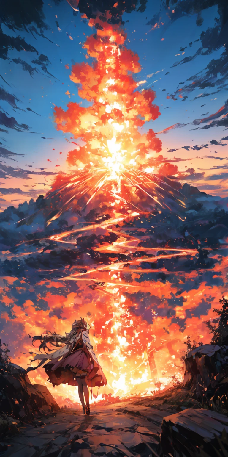 solo,1girl\((EyjafjallaBase):1.3, curled horns, ahoge, mask around neck, purple dress, white cape, fingerless gloves, black thighhighs,tears\).background\((realistic detailed volcano:1.2),beautiful red sparks,Lots of fireballs,(great eruption:1.3), lava,flare,(prominence),beautiful stardust,(burning sky:1.3),night\),(landscape:1.4),(dynamic angle:1.3).,dutch angle.great focus of volcano. BREAK .quality\(8k,wallpaper of extremely detailed CG unit, high resolution, top-quality, top-quality real texture skin, hyper realistic, increase the resolution, RAW photos, best quality, highly detailed, the wallpaper, golden ratio, high saturation realism, vibrant colors, dramatic lighting, persuasive storytelling, atmospheric scenery, captivating visuals, intricate details, strong emotions, dreamlike world\),