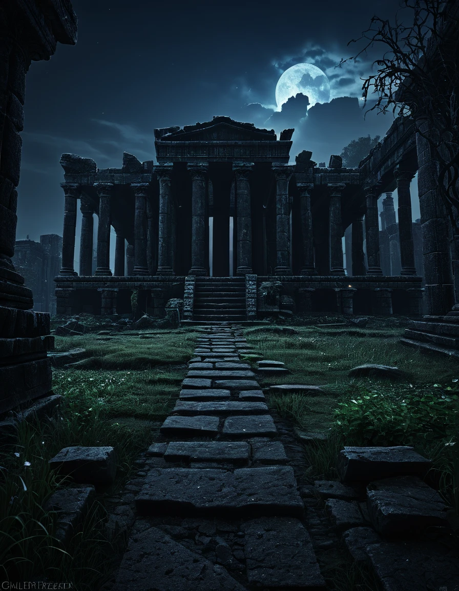  dark and eerie scene with stone path and columns , dark ruin landscape, dark ruin,  Dark ancient atmosphere ,  dark fantasy environment , dark city ruin,  dark fantasy atmosphere ,  dark fantasy environment ,   mysterious temple setting ,  dark fantasy background , ruin, temple ruin, ancient ruin,  Ruined temple , Dark Night Wednesday, the ruin, темные каменные стены и колонны  realistic image,  masterpiece ,  works of art,  hyperrealistic, rendering ,  realistic physical rendering ,  photorealistic rendering ,  highly detailed ,  high-quality render ,  architectural rendering ,  very realistic 3D render ,  realistic image