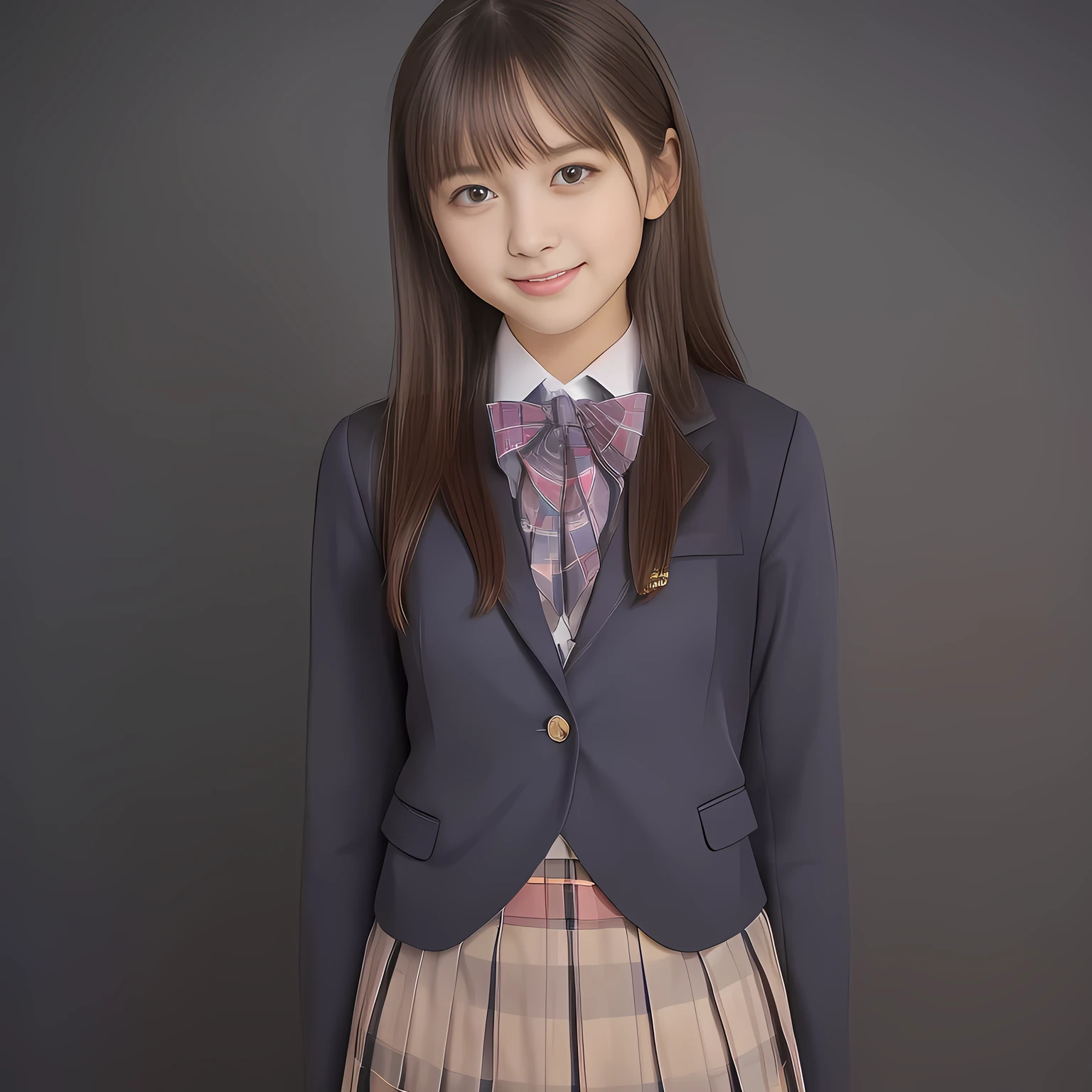 (Highest quality, masterpiece:1.2), Highest quality, High resolution, 1080P, 8k, (Noble high-class super-pretty long hair hair super-beautiful super-bewitching super-cute expensive school-uniform pretty slender 13yo girl of most beautiful school-uniform girl models photo magazine in Japan: 2.0), (neat gorgeous school uniform of private high school in Japan. navy-school-blazer with gold-emblem, super-neat navy-blue-tartan-checkered blue-pleats-school-skirt, super-girly plain-red ribbon on the breast: 1.5), (bewitching expression, smile, lips, and pose to corrupt the viewer, everything is planned and prepared to corrupt the viewer into the allusion of love towards the girl: 1.2), (clearly detailed foreground focusing on girl's beauty and cuteness, plain dark blue background: 1.2), (navy checkered school skirt), (full body shot)