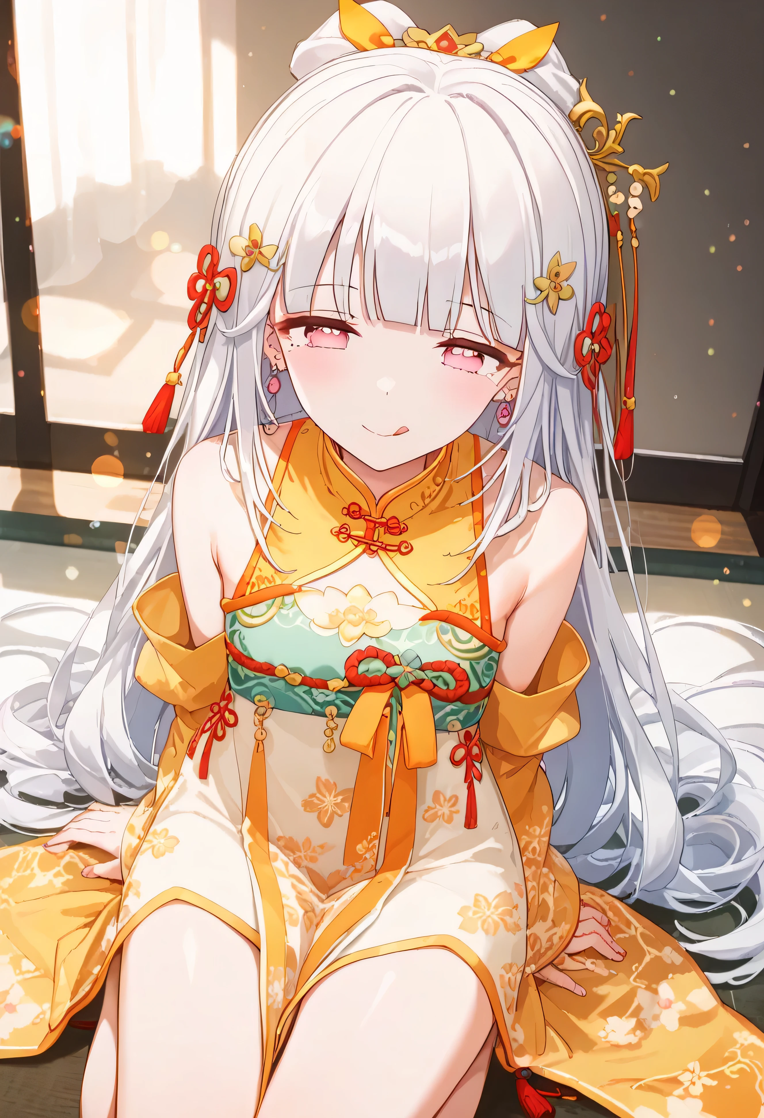 UN\(EOE\),one girl,solo,best quality, masterpiece, ,,break,1girl,(wariza,bokeh background), (shaded Lighting),,break, incredibly_absurdres, ,very high resolution, very aesthetic,by famous artist, 8k, 16k,,beauty illustration,photoshop_(small),,(pink eyes:1.2),(white hair|Detailed hair|long hair|hairpin|hair tied up|knot top|blunt bangs),(Beige costume with embroider,qipao,bare shoulders),(sleepy, depressed,smile,jitome),dilated pupils, empty eyes,one mole under eye,intense angle, f/16, Canon,upper body,yellow ribbons,slik sleeves,arms ribbons,from above,kneeling down,full body shot,wide shot,long dress,ear ring,orange ornament,tongue out,tired,half closed eyes,tall legs,show thighs