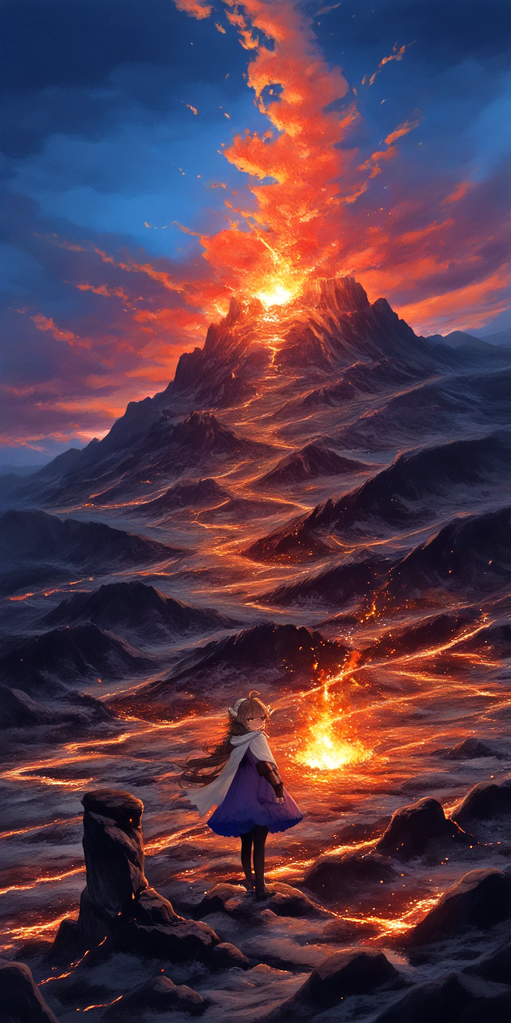 solo,1girl\((EyjafjallaBase):1.3, curled horns, ahoge, mask around neck, purple dress, white cape, fingerless gloves, black thighhighs,(tears:1.3)\).background\((realistic detailed volcano:1.2),beautiful red sparks,Lots of fireballs,(great eruption:1.3), lava,flare,(prominence),beautiful stardust,(burning sky:1.3),night\),(landscape:1.5),(dynamic angle:1.3),dutch angle.focus volcano. score_9, score_8_up, score_7_up, score_6_up, score_5_up, score_4_up, source_anime,source_furry,rating_safe,rating_questionable,masterpiece, best quality, perfect anatomy , very aesthetic , absurdres ,