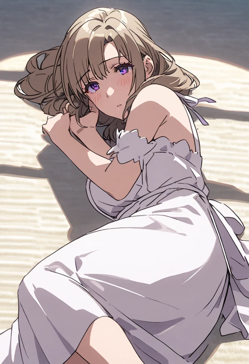 mature woman ,light brown side tail,purple eyes, white dress,Lying on side, supporting face with one hand,