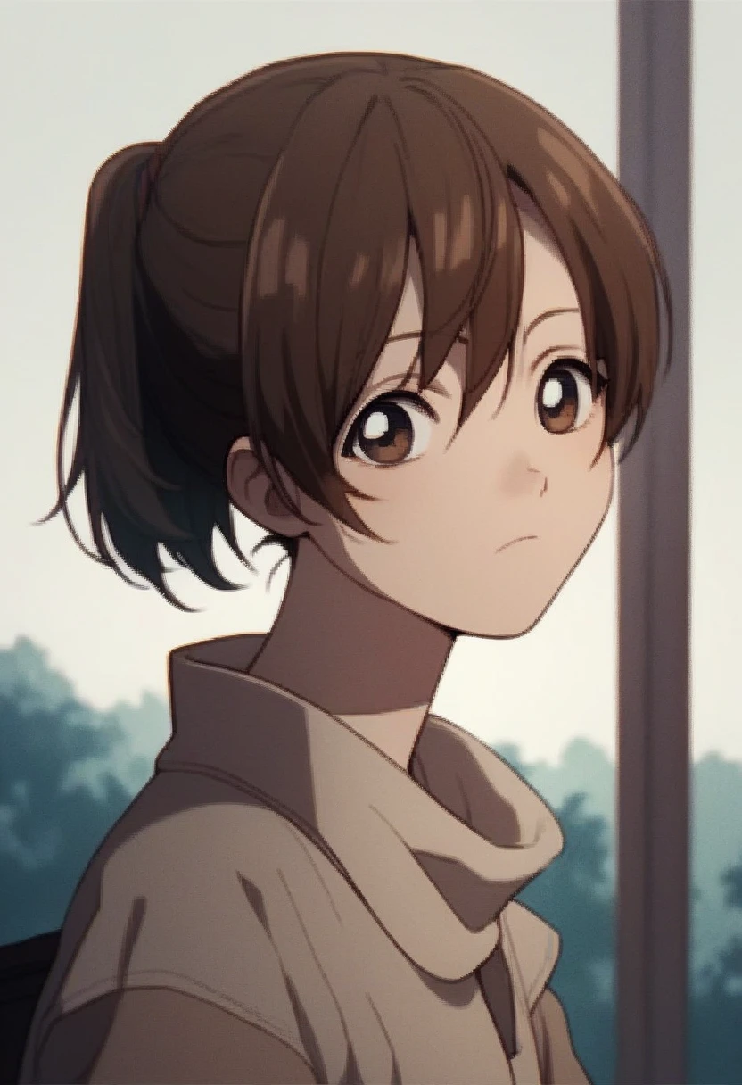 sayu, yagami, 1girl, solo, short hair, brown hair, brown eyes, closed mouth, ponytail