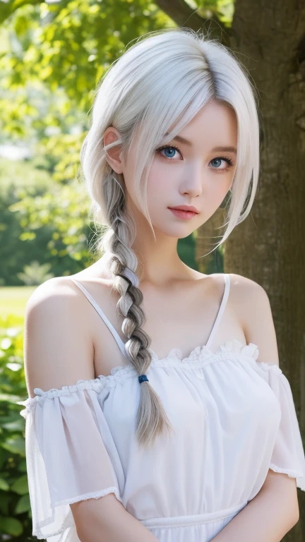 masterpiece,ultra high res,realistic,finely detail,extremely detailed,1girl,single braid,white hair,looking at viewer,pure color background,breasts,film grain,film overlay,morning glow,pastel sky,cool tones,sun rays,soft light,dress,