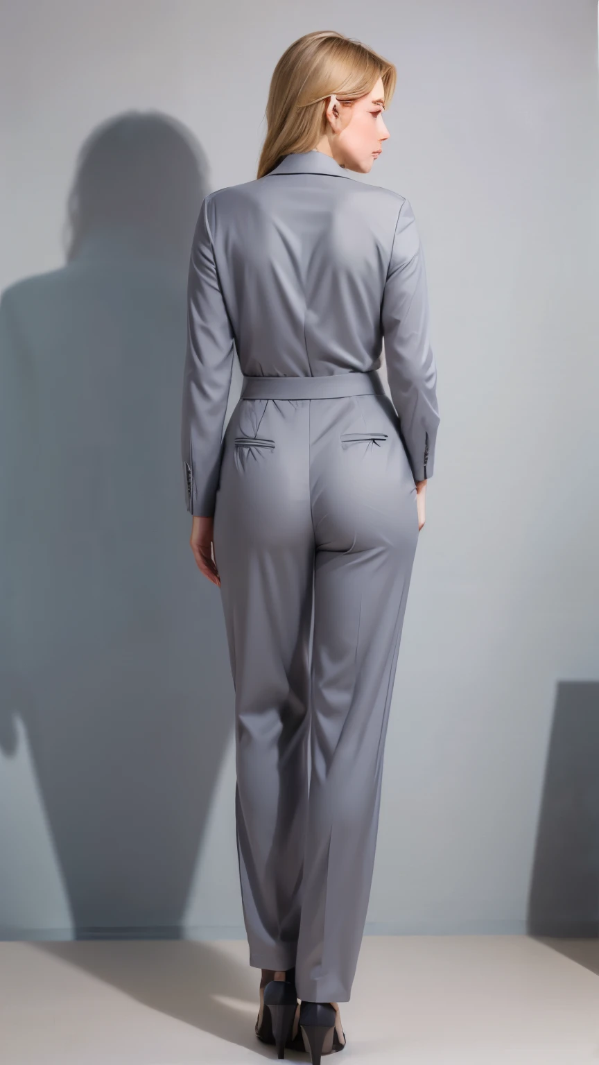 Super Beautiful office Lady,1 woman, Solitary,Blond and blue-eyed big horse， Dark gray trouser suit, Tempting ass, Buttocks protrusion,Shot from behind , slim, Perfect proportion, office, portrait, high resolution, best quality, Ultra-high quality, Super Detail, Surrealism, Reality, Dress Pants, a person in a frame