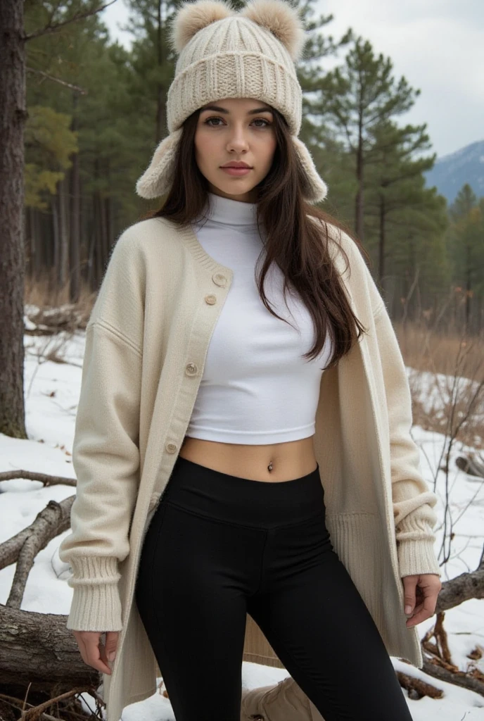 A young woman, likely in her teens or early twenties, is in a wooded area. 


She is wearing a light beige/cream-colored knitted hat with faux fur pom-poms and earflaps. Underneath, she is wearing a white turtleneck sweater that is slightly pulled away from her chest. Black leggings are pulled down to her knee , light-colored winter boots.  Her hair is long and a dark brown color, and she's wearing a small stud earring in her navel.


The background is a wintry forest, with tall pine trees and fallen branches and leaves. 


The setting suggests a cold weather day. The woman's pose is casual and slightly suggestive.  The focus is primarily on the woman, with the forest providing a backdrop.