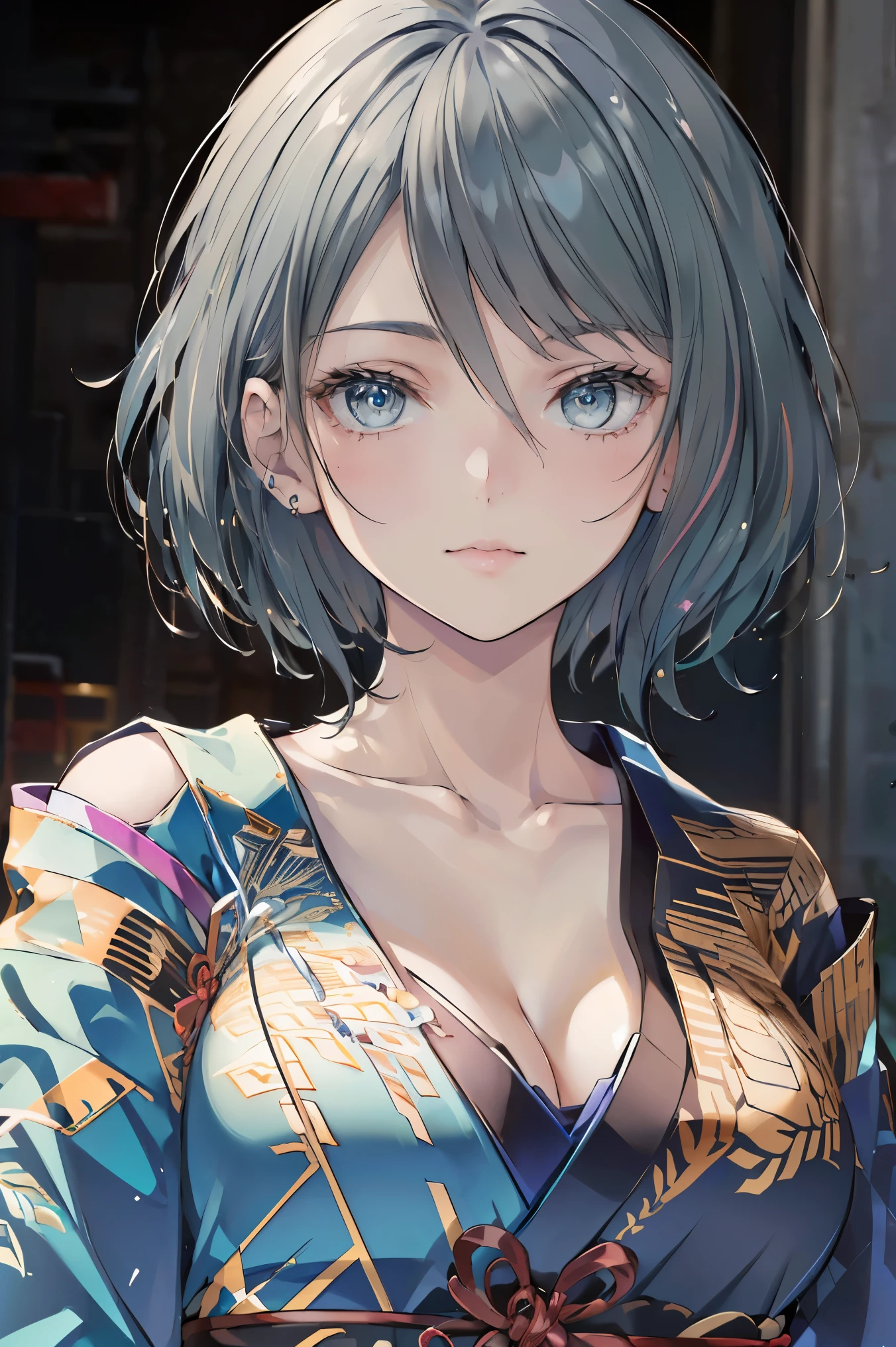 (((Best quality, 8k, Masterpiece: 1.3)), ((best quality)), ((masterpiece)), (detailed), perfect face, perfect body, (detailed skin:1.3), (intricate details), Short hair, Kimono, traditional Japanese clothing, Japanese clothing, colorful hair color