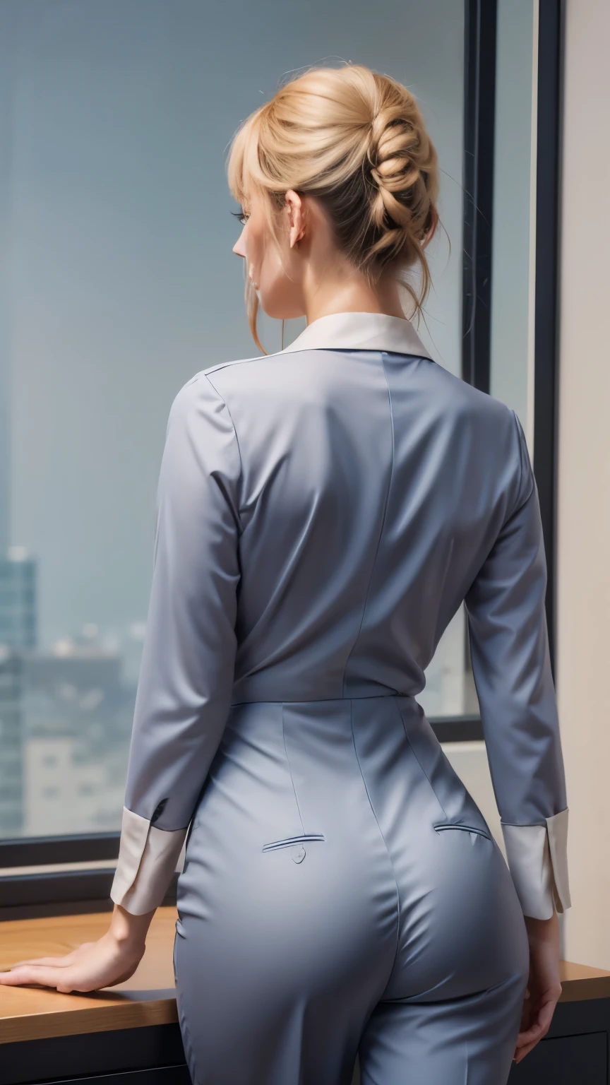 Super Beautiful office Lady,1 woman, Solitary,Blond and blue-eyed big horse， Dark gray trouser suit, Tempting ass, Buttocks protrusion,Shot from behind , slim, Perfect proportion, office, portrait, high resolution, best quality, Ultra-high quality, Super Detail, Surrealism, Reality, Dress Pants, a person in a frame